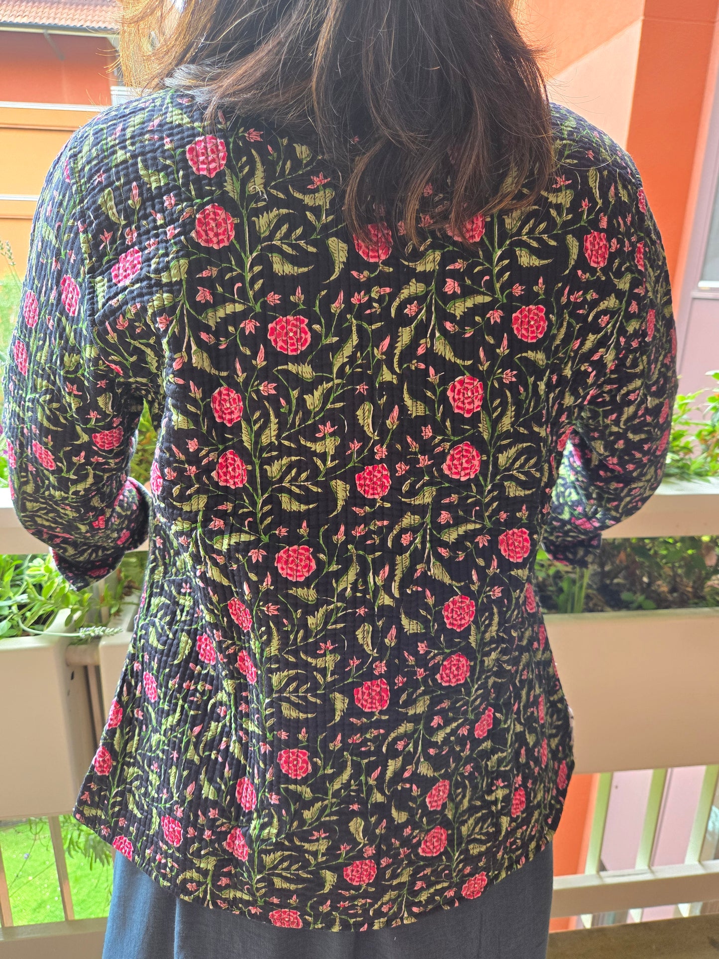 Indian Handmade Kantha Reversible Short Length All Season Bohemian Jacket in black and pink floral print.