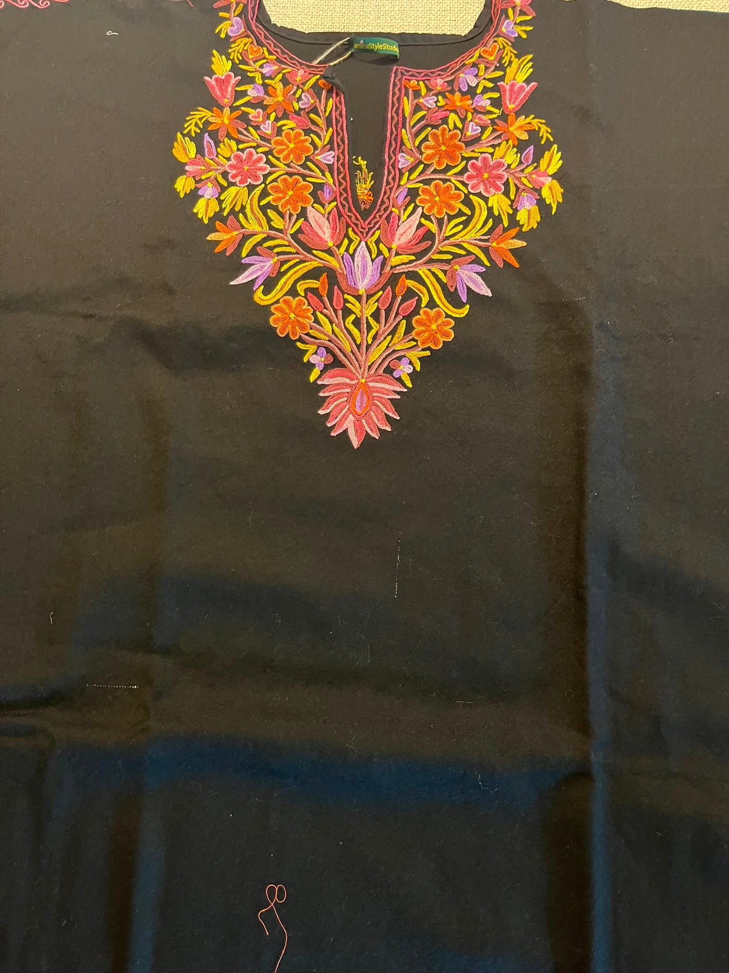 Handmade black Kashmiri Embroidered Wool Poncho Cape: Bohemian Kaftan (125 cm)