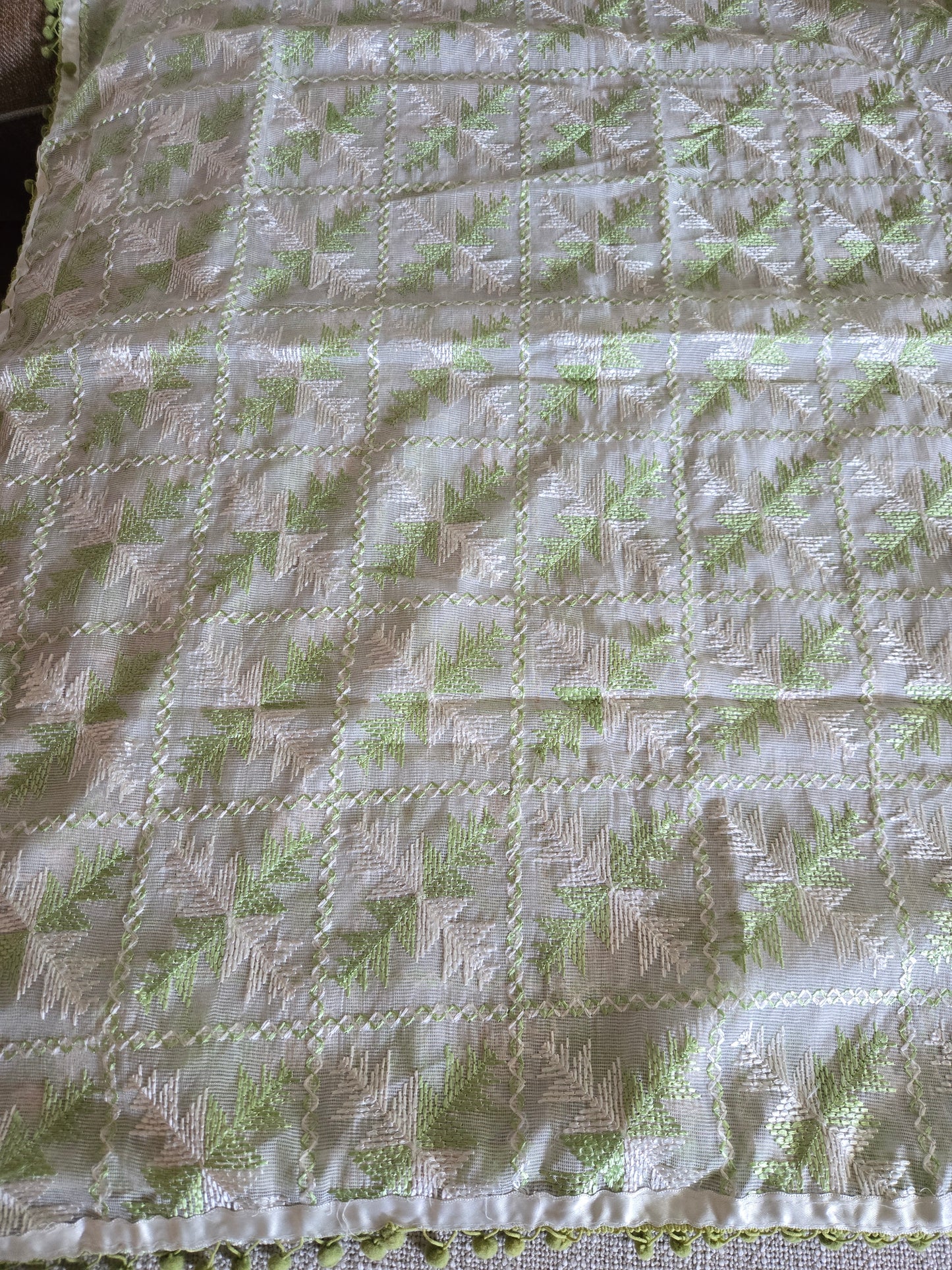 Handmade elegant Phulakari dupatta in white colour thread work in pure cotton base traditionally made by rural Indian women of Punjab India