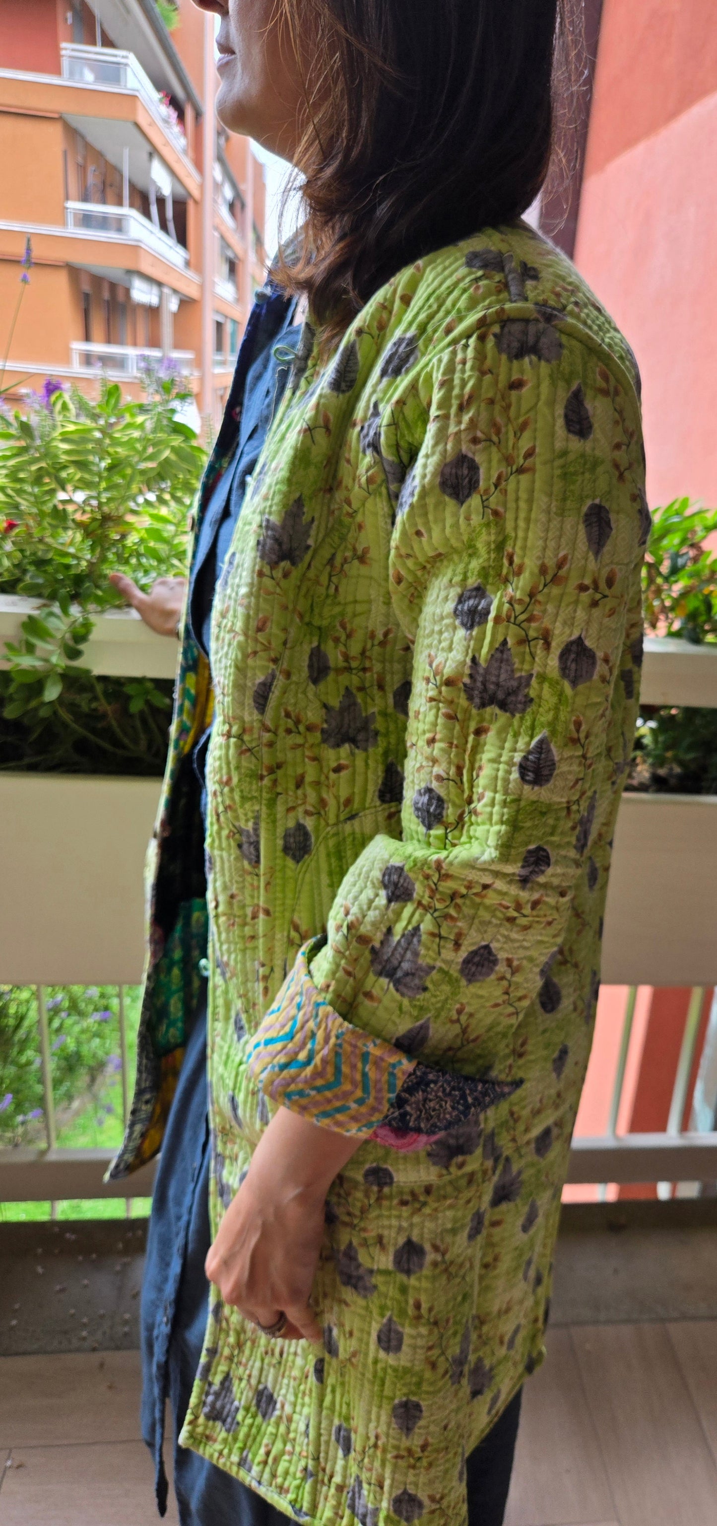 Indian Handmade Kantha Reversible long Length All Season Bohemian Jacket in light green and rainbow colours