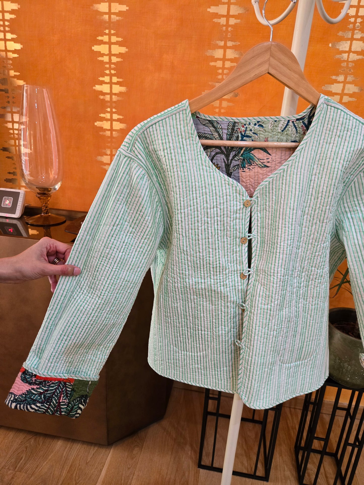 Indian Handmade Kantha Reversible Short Length All Season Bohemian Jacket summer colour of light green and pink
