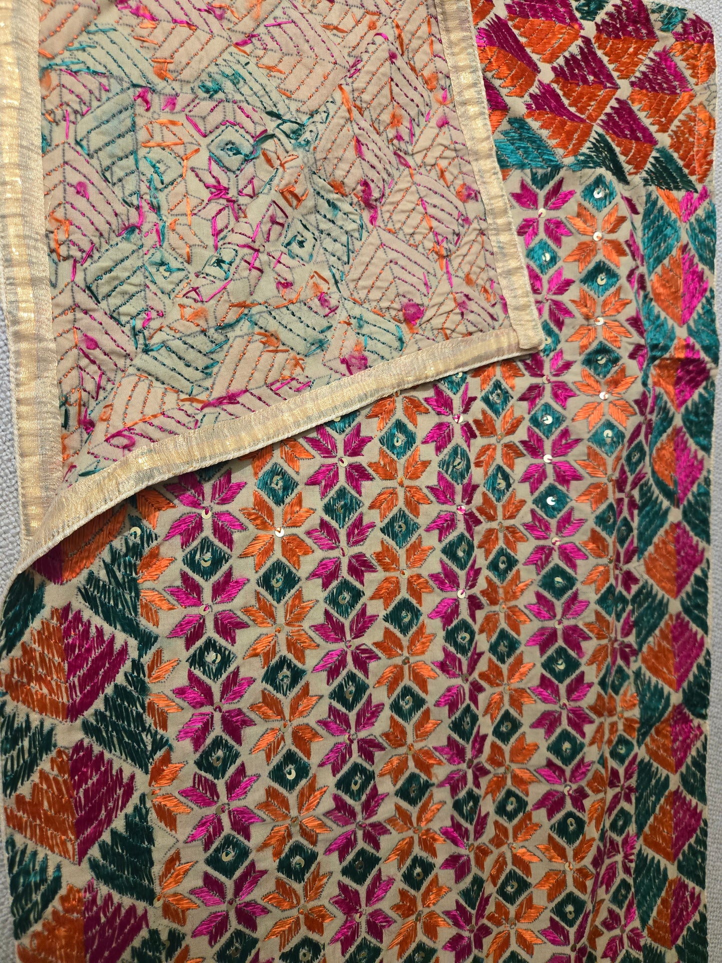 Handmade elegant Phulakari stole beige and multicolour with golden border from Punjab Phulkari thread work