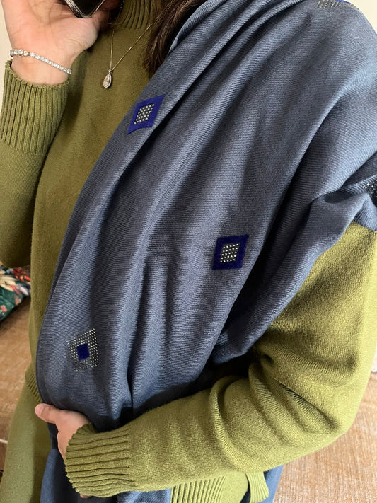 Hand woven stone patch work Pashmina Cashmere Stole: Artisan Shawl