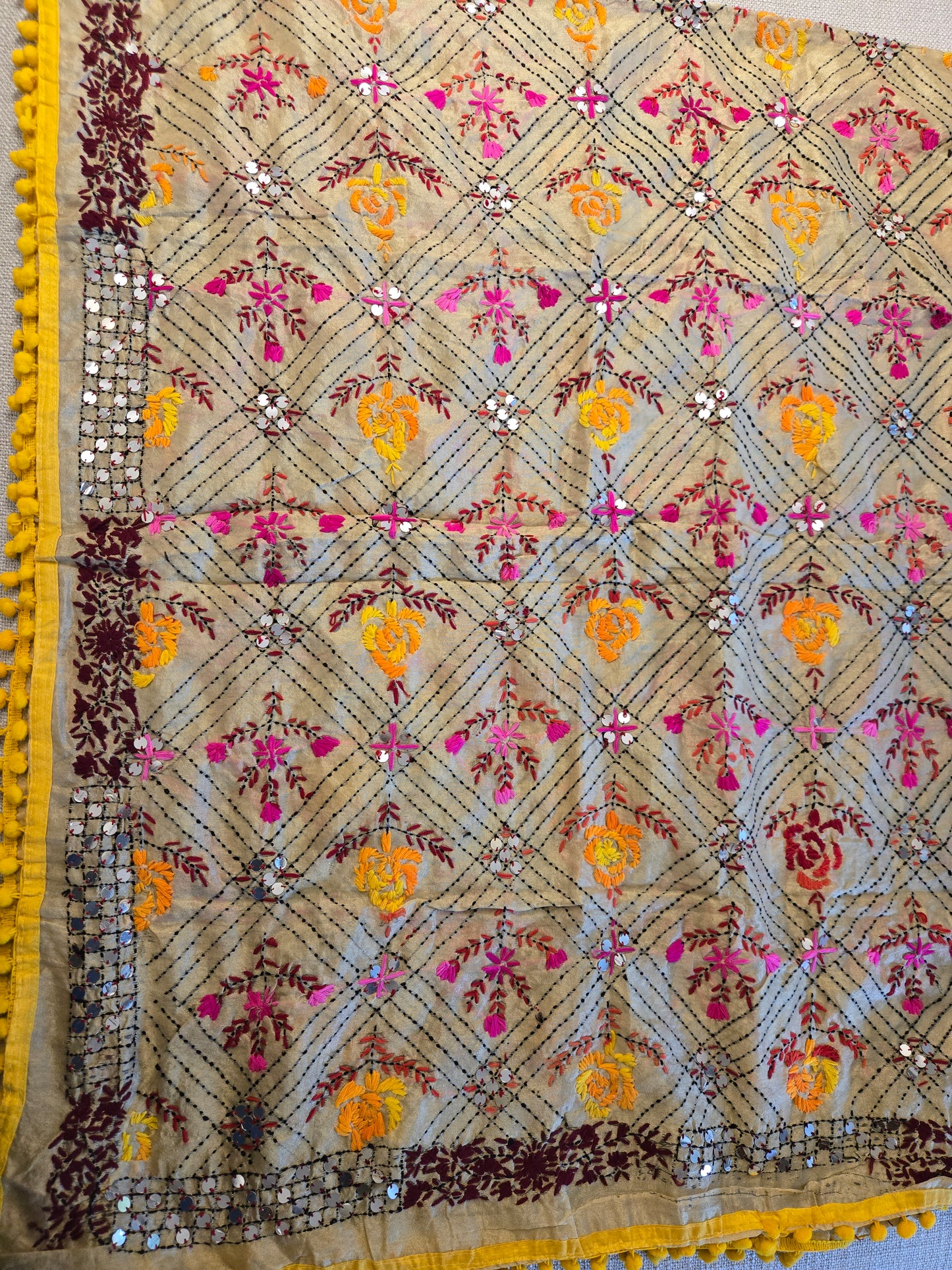Handmade kantha dupatta shawl soft cotton hand embroidered floral work shawl/ foulard/scarf /stole for spring summer collection