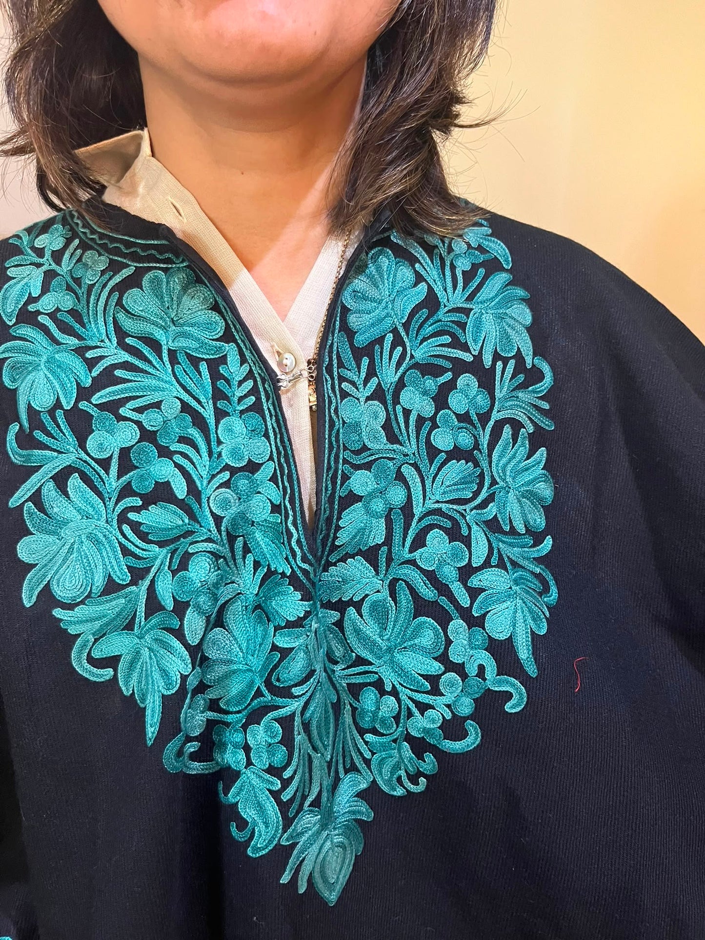 Handmade black Kashmiri Embroidered Wool Poncho Cape