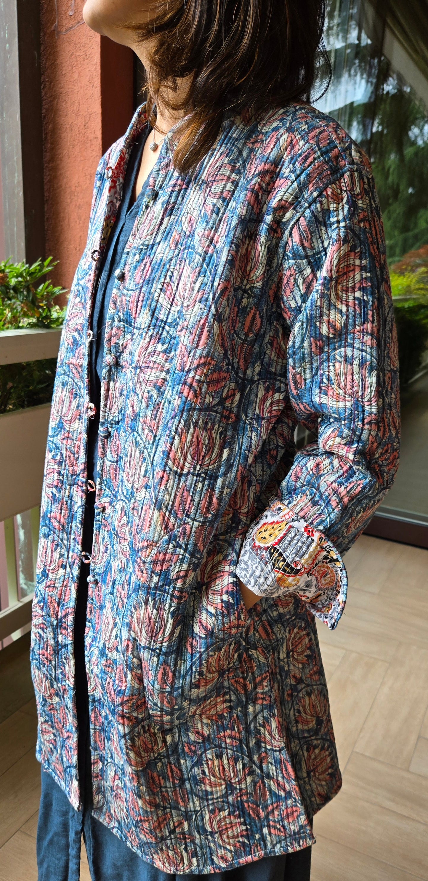 Indian Handmade Kantha Reversible long Length All Season Bohemian Jacket in blue and rainbow colours floral print jacket