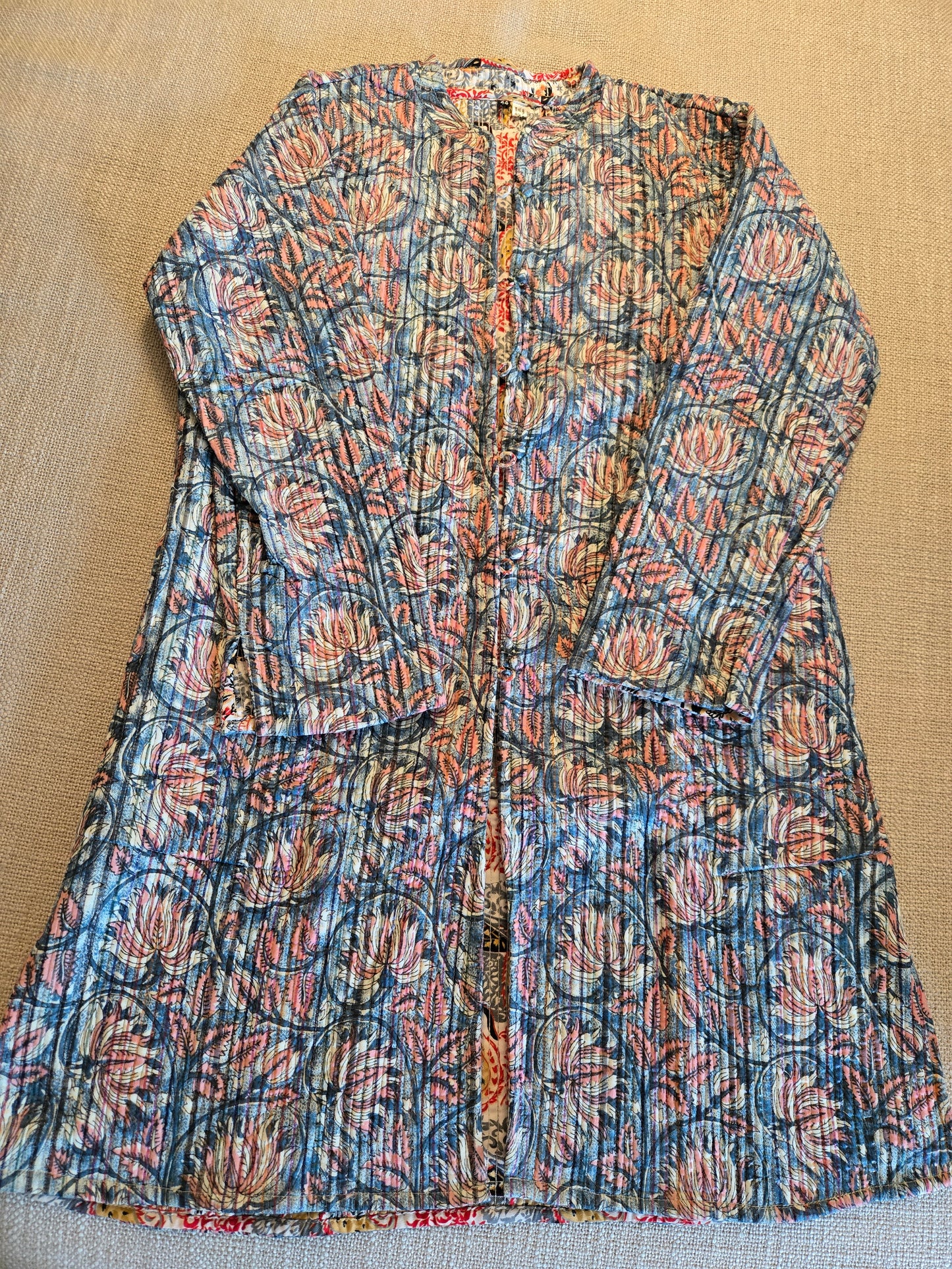 Indian Handmade Kantha Reversible long Length All Season Bohemian Jacket in blue and rainbow colours floral print jacket