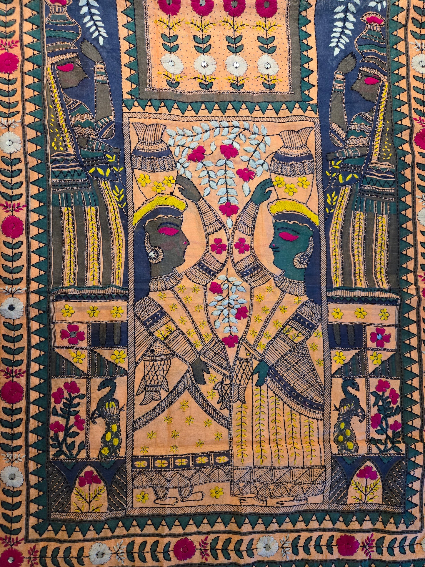 Handmade kantha dupatta shawl soft cotton hand embroidered figure and floral work shawl/ foulard/scarf /stole for spring summer collection