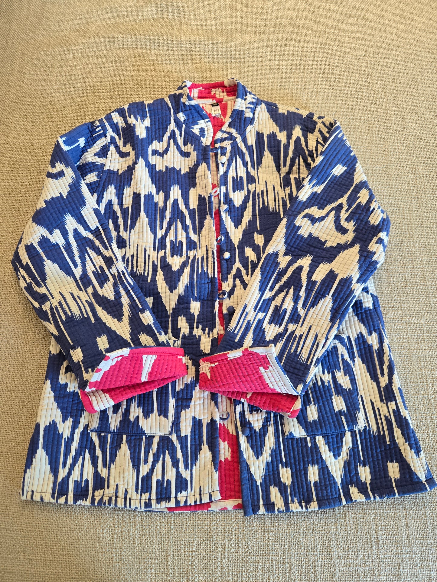 Indian Handmade Kantha Reversible Short Length All Season Bohemian Jacket Ikkat print Pink/Blue