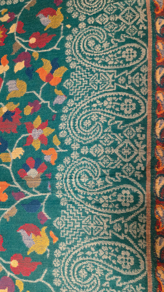 Artisan Made Kani Weave Paisley Shawl in Sea Green | Kashmiri Wool Pashmina-Style Scarf with Multicolour Flowers