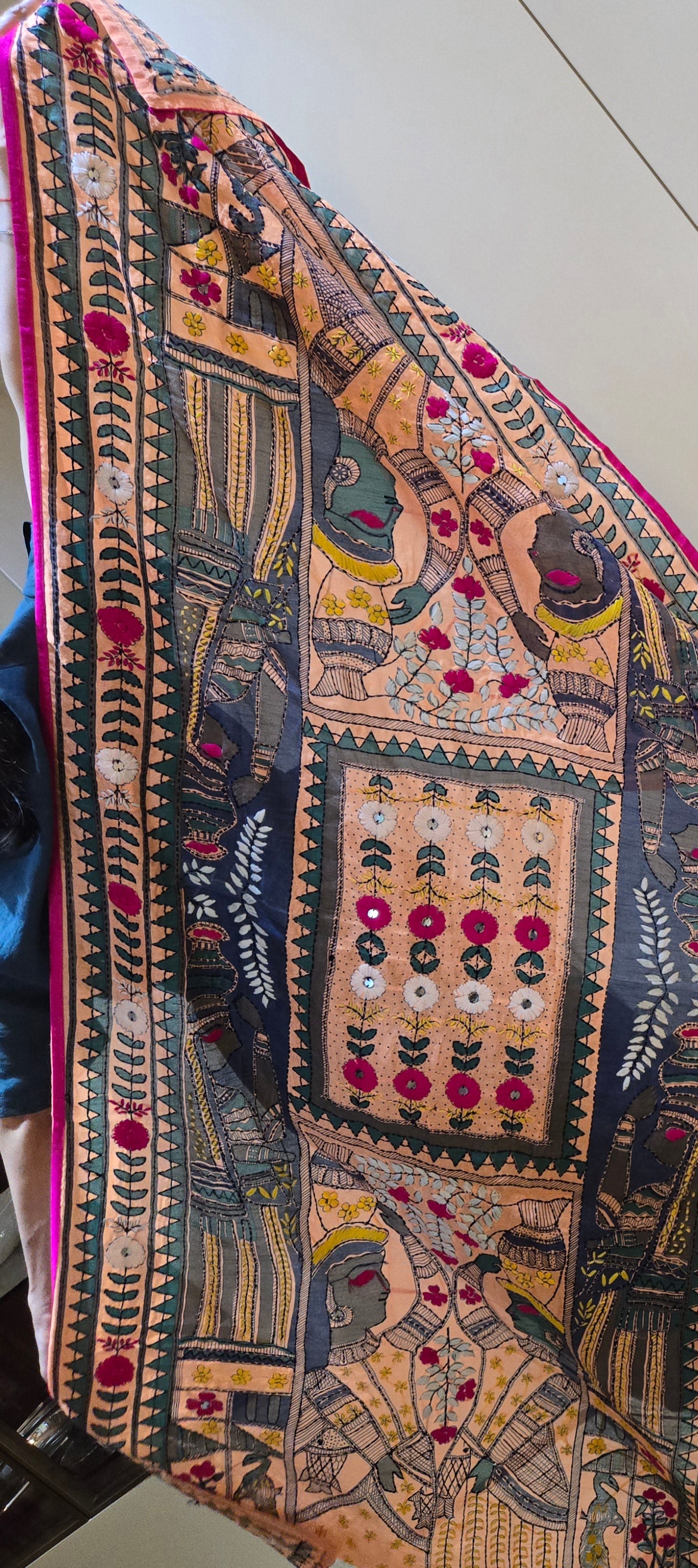 Handmade kantha dupatta shawl soft cotton hand embroidered figure and floral work shawl/ foulard/scarf /stole for spring summer collection