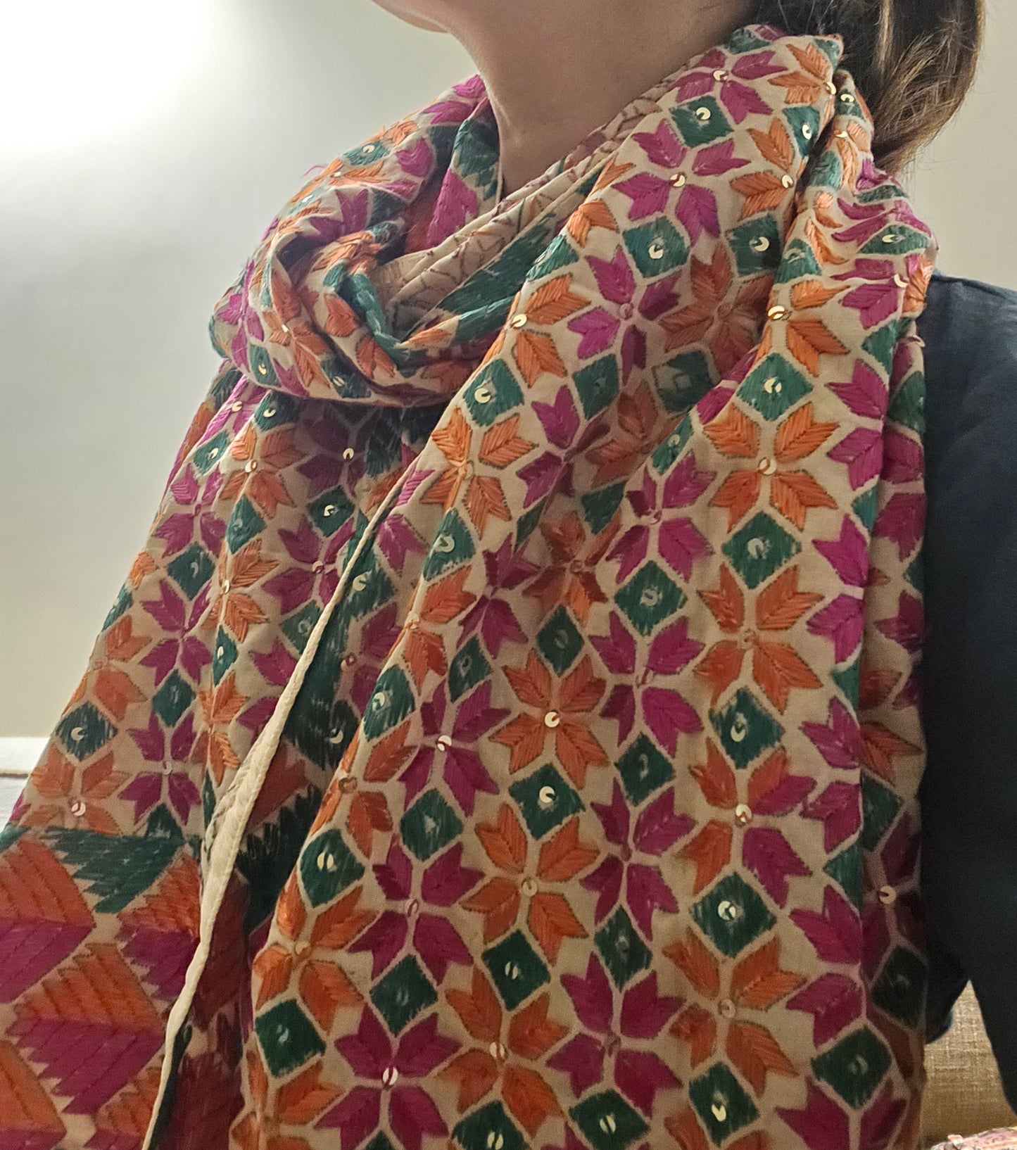 Handmade elegant Phulakari stole beige and multicolour with golden border from Punjab Phulkari thread work