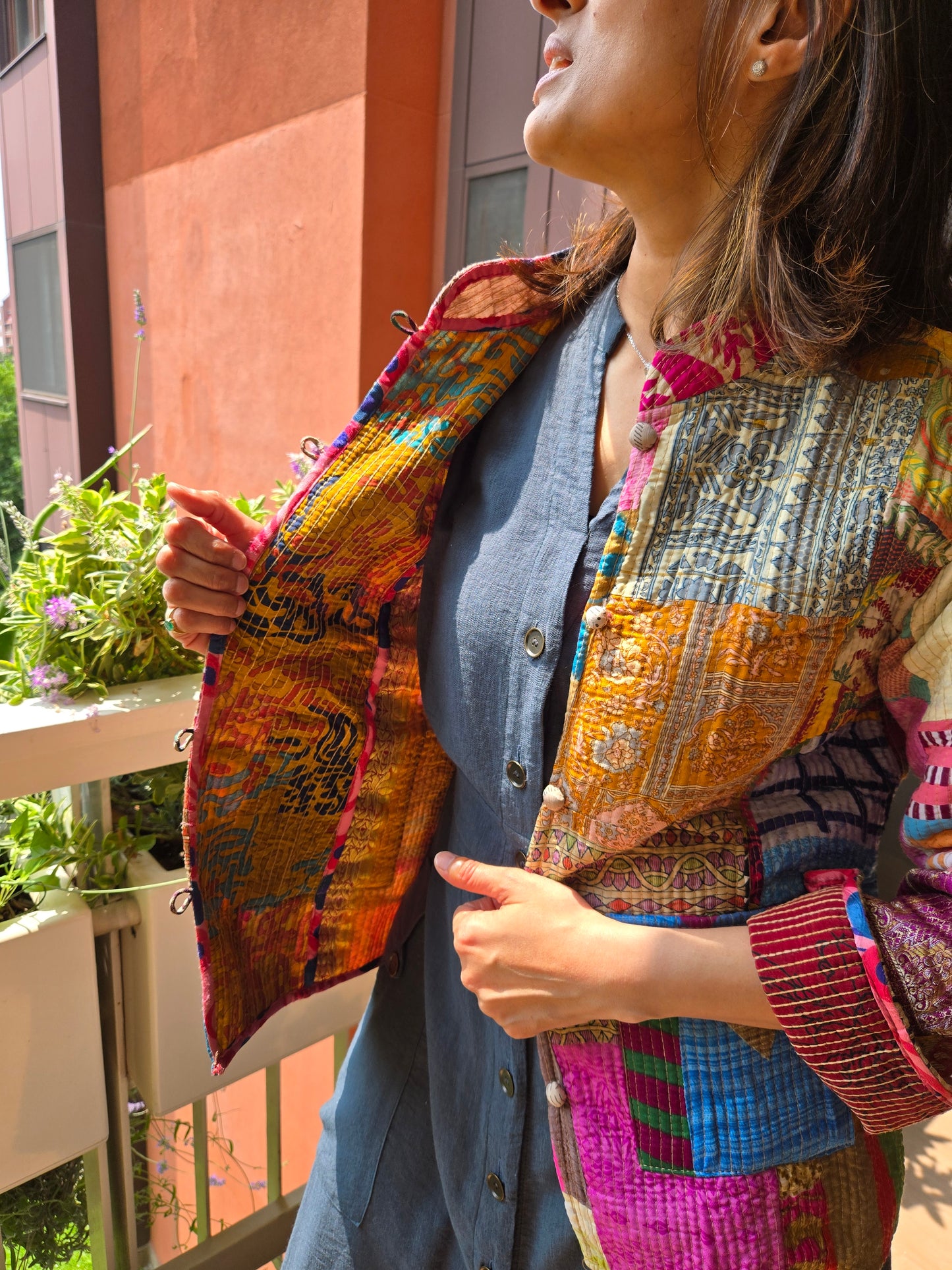 Indian Handmade Kantha Reversible Short Length All Season Bohemian Jacket multicolour suitable in summer