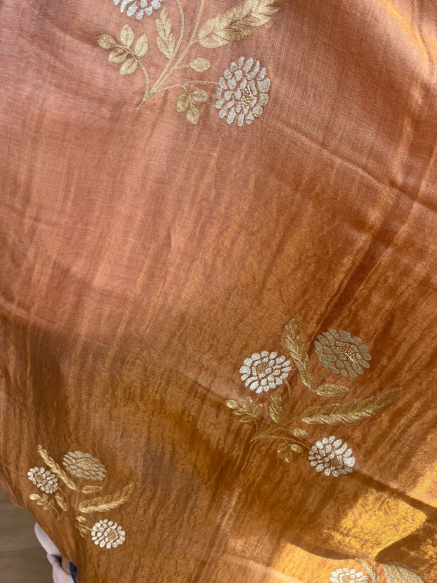 Beautiful two shades golden zari and peach colour Silk stole / scarf hand made perfect for all season . Very light and comfortable to car