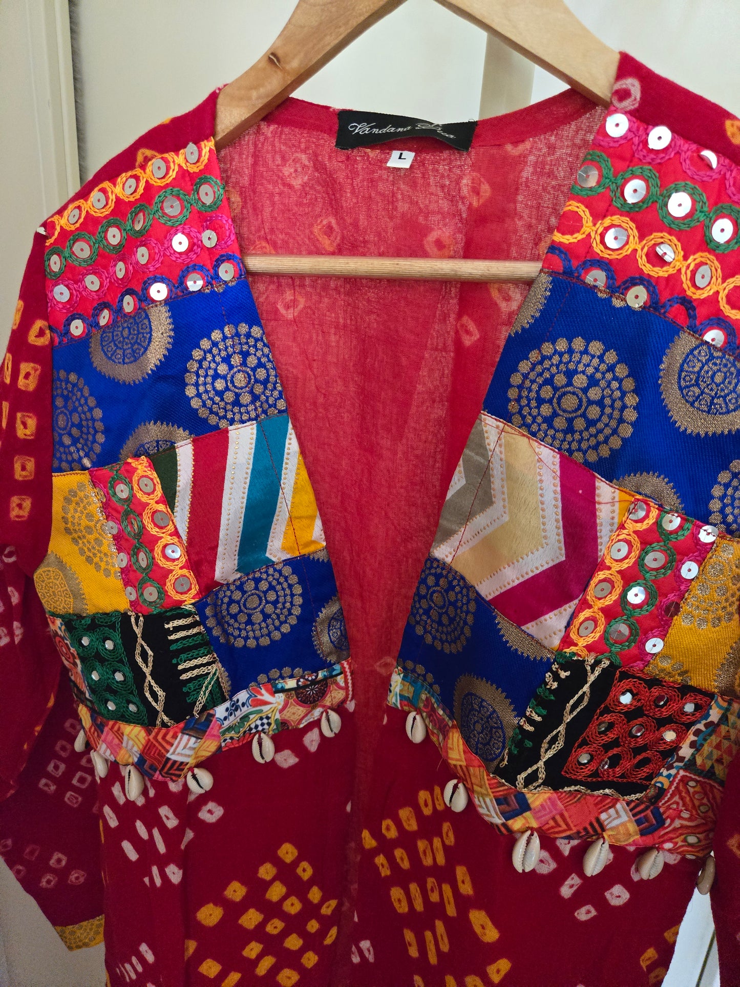Red Cotton bandhej and patchwork Shrug with hand Embroidery, Long Embroidered fusion wear for Women