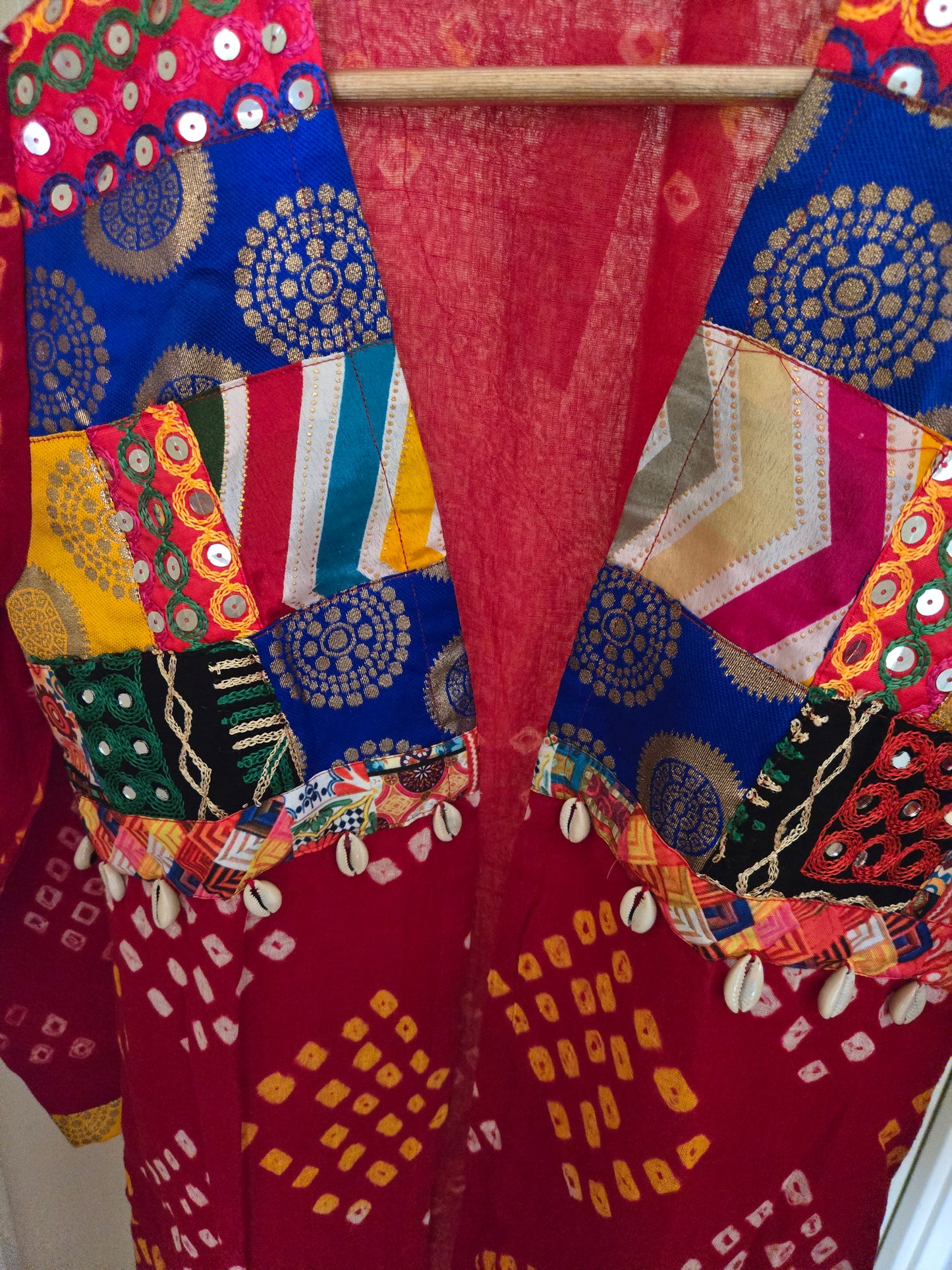 Red Cotton bandhej and patchwork Shrug with hand Embroidery, Long Embroidered fusion wear for Women