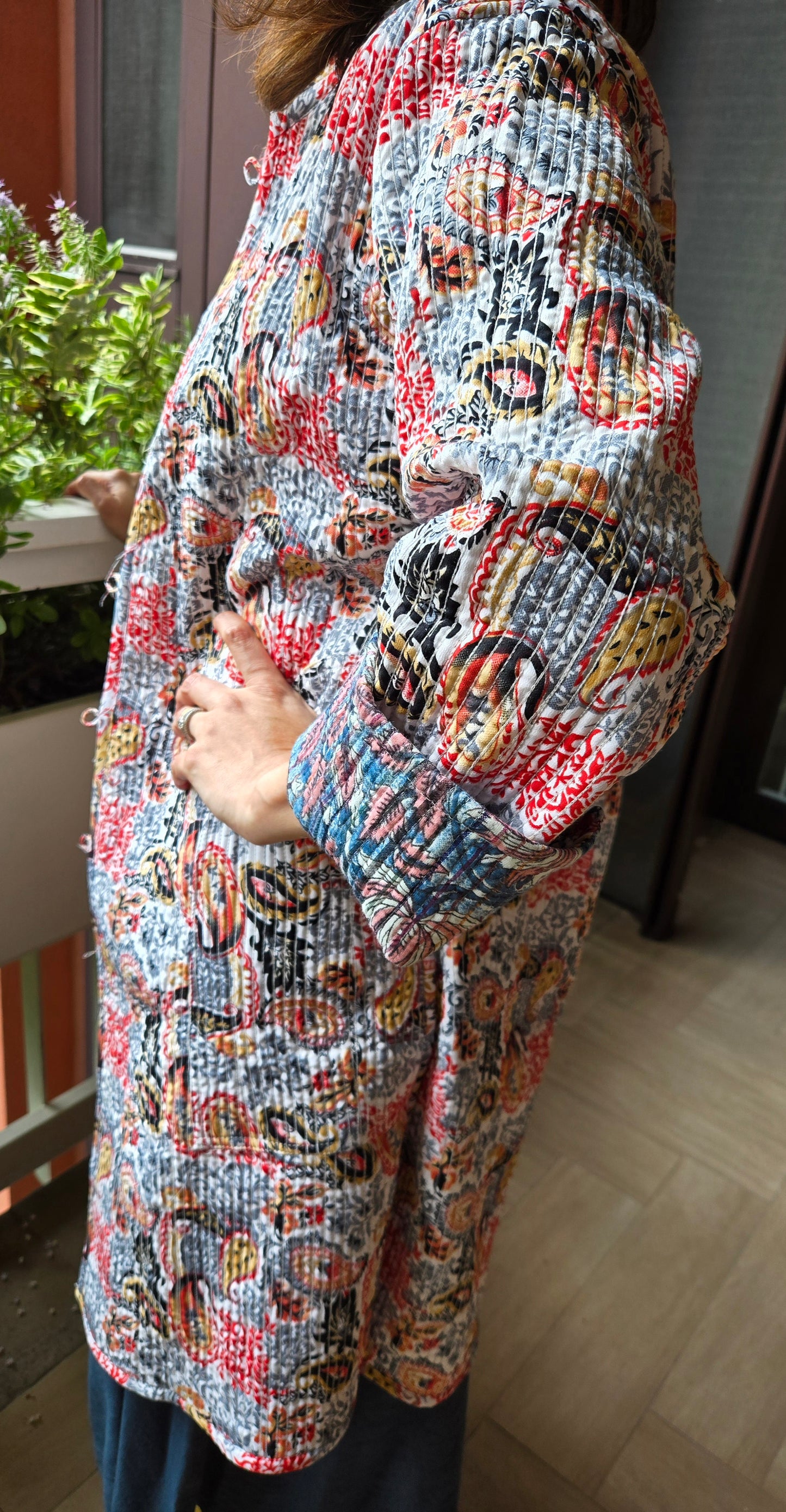 Indian Handmade Kantha Reversible long Length All Season Bohemian Jacket in blue and rainbow colours floral print jacket