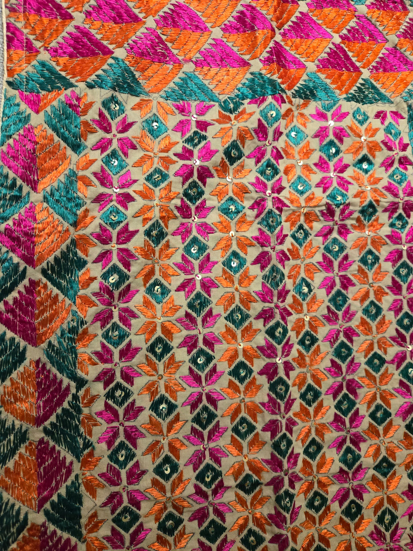 Handmade elegant Phulakari stole beige and multicolour with golden border from Punjab Phulkari thread work