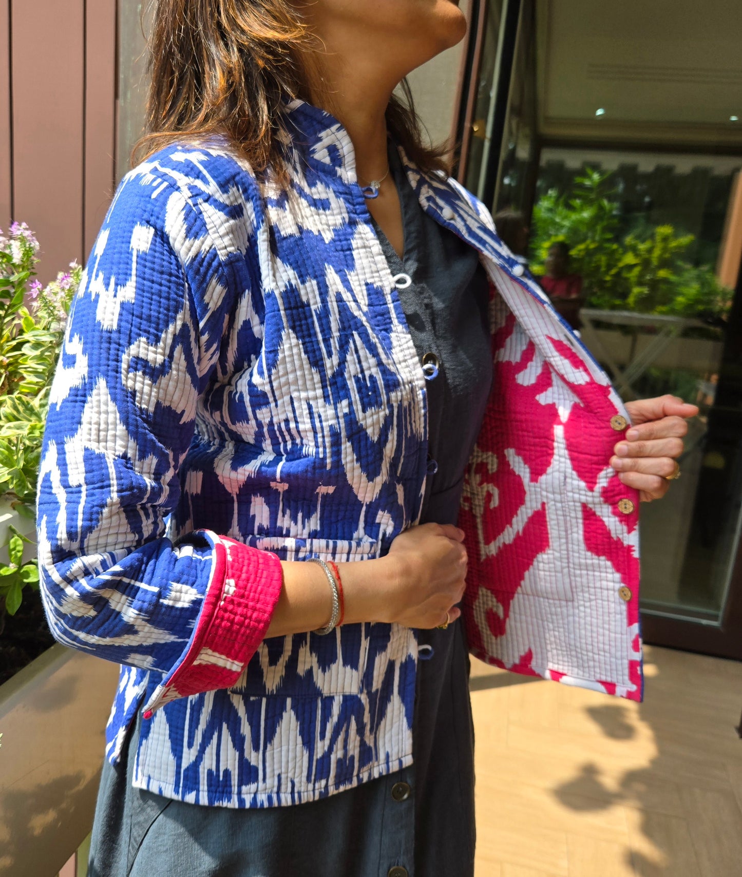 Indian Handmade Kantha Reversible Short Length All Season Bohemian Jacket Ikkat print Pink/Blue