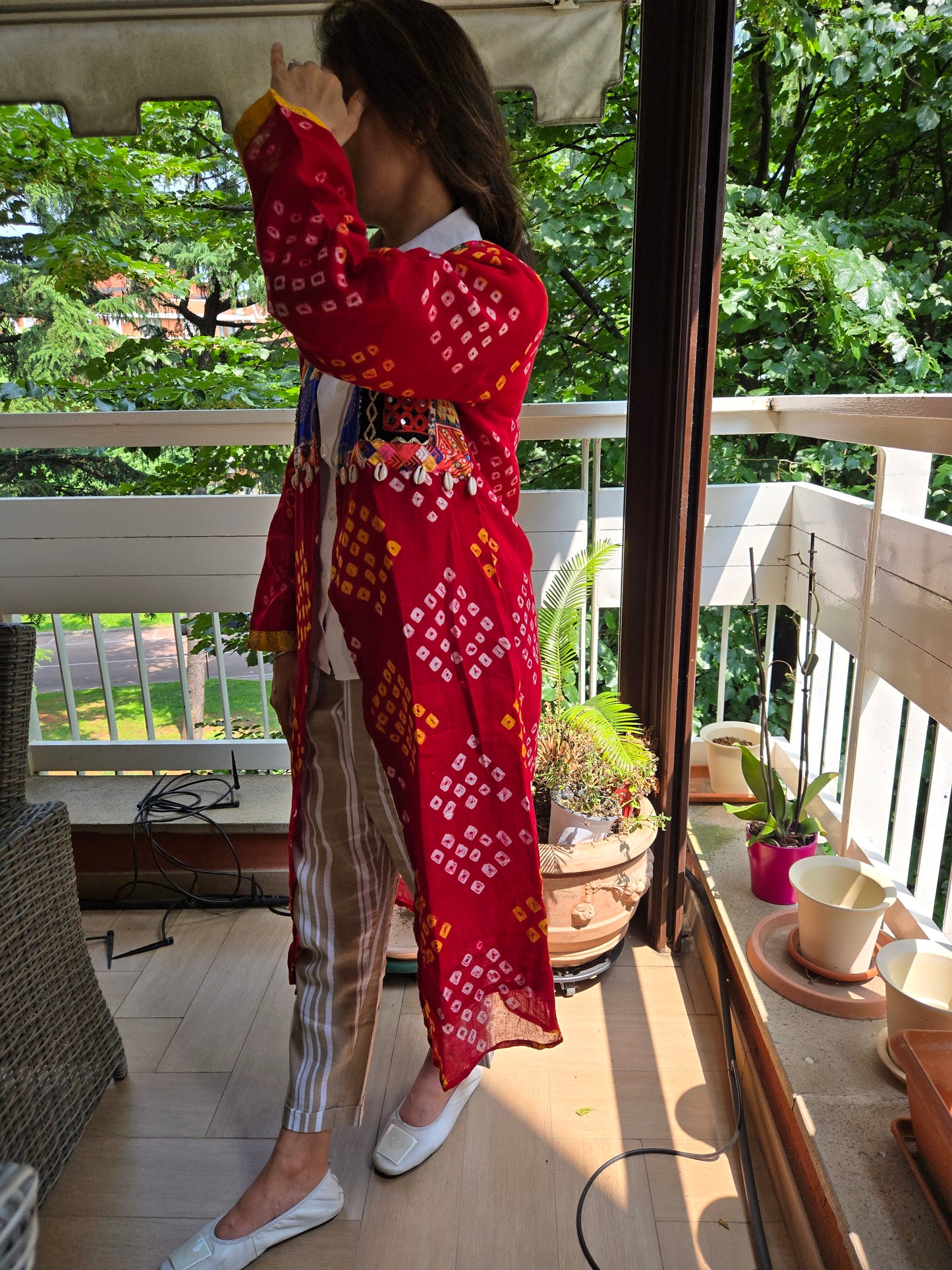 Red Cotton bandhej and patchwork Shrug with hand Embroidery, Long Embroidered fusion wear for Women