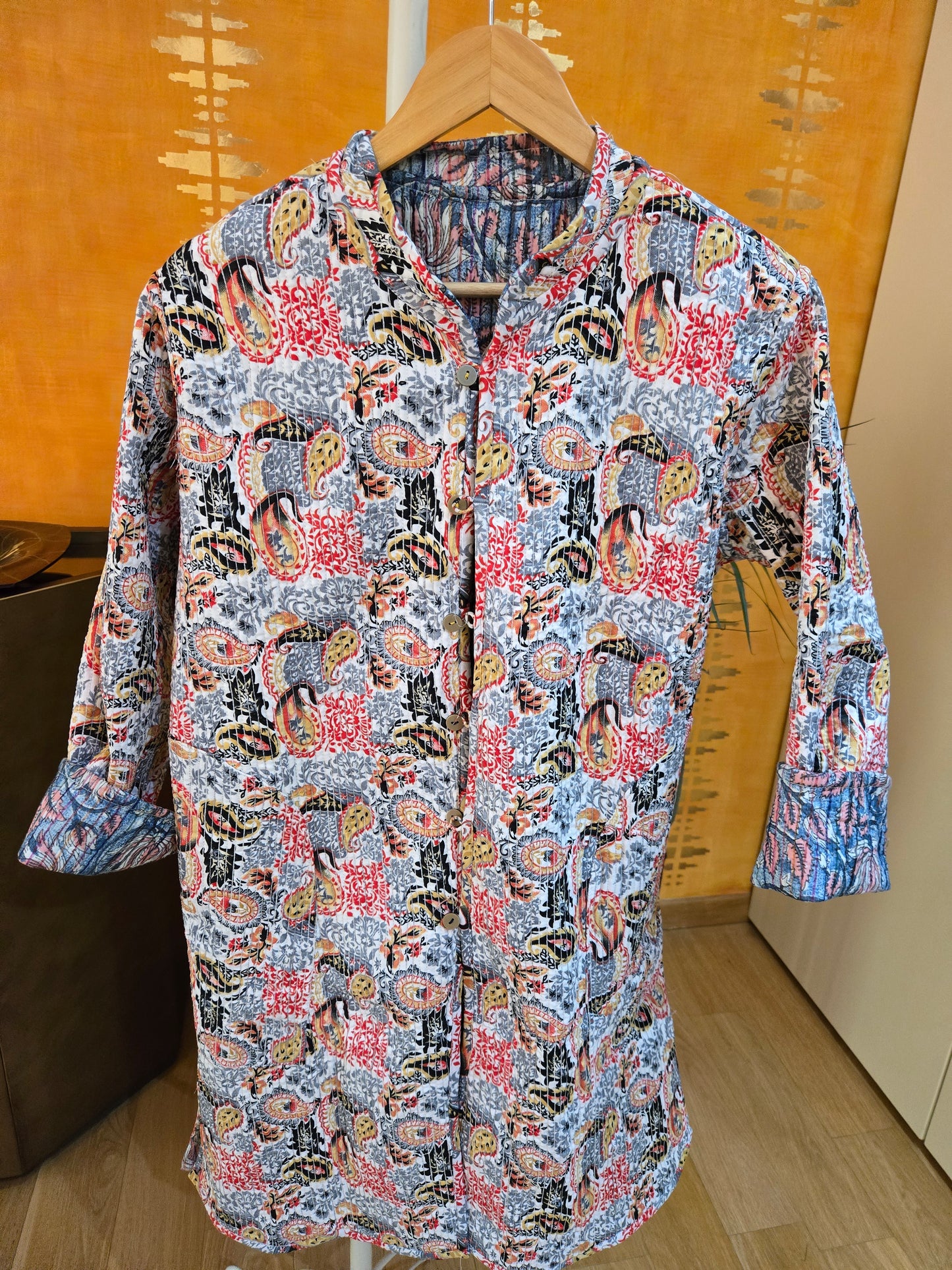 Indian Handmade Kantha Reversible long Length All Season Bohemian Jacket in blue and rainbow colours floral print jacket