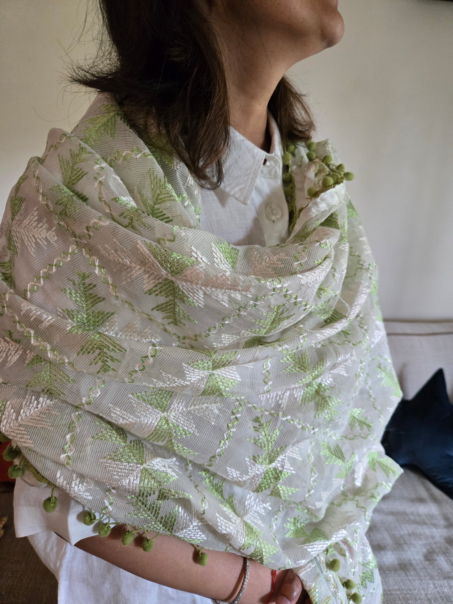 Handmade elegant Phulakari dupatta in white colour thread work in pure cotton base traditionally made by rural Indian women of Punjab India