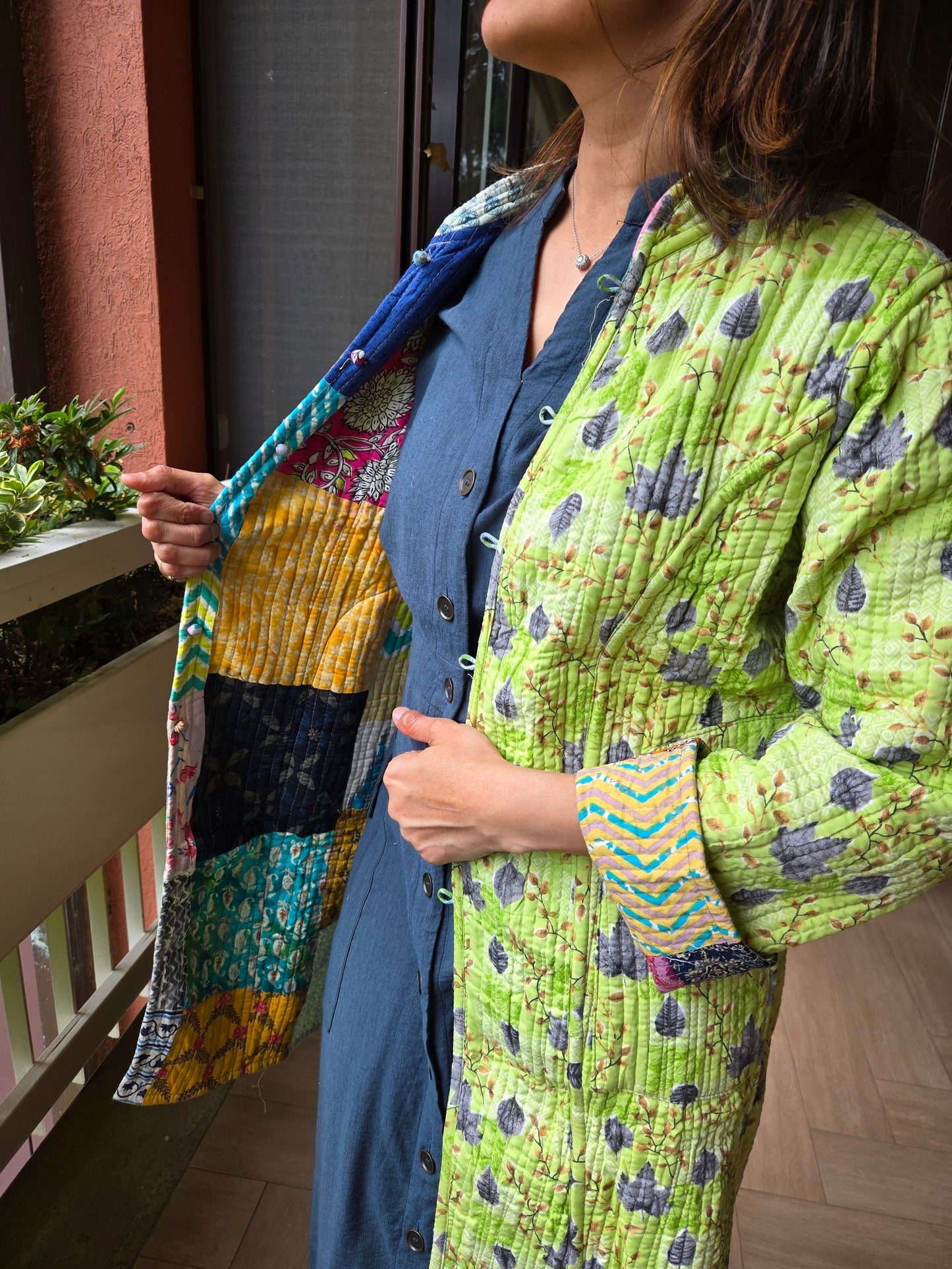 Indian Handmade Kantha Reversible long Length All Season Bohemian Jacket in light green and rainbow colours