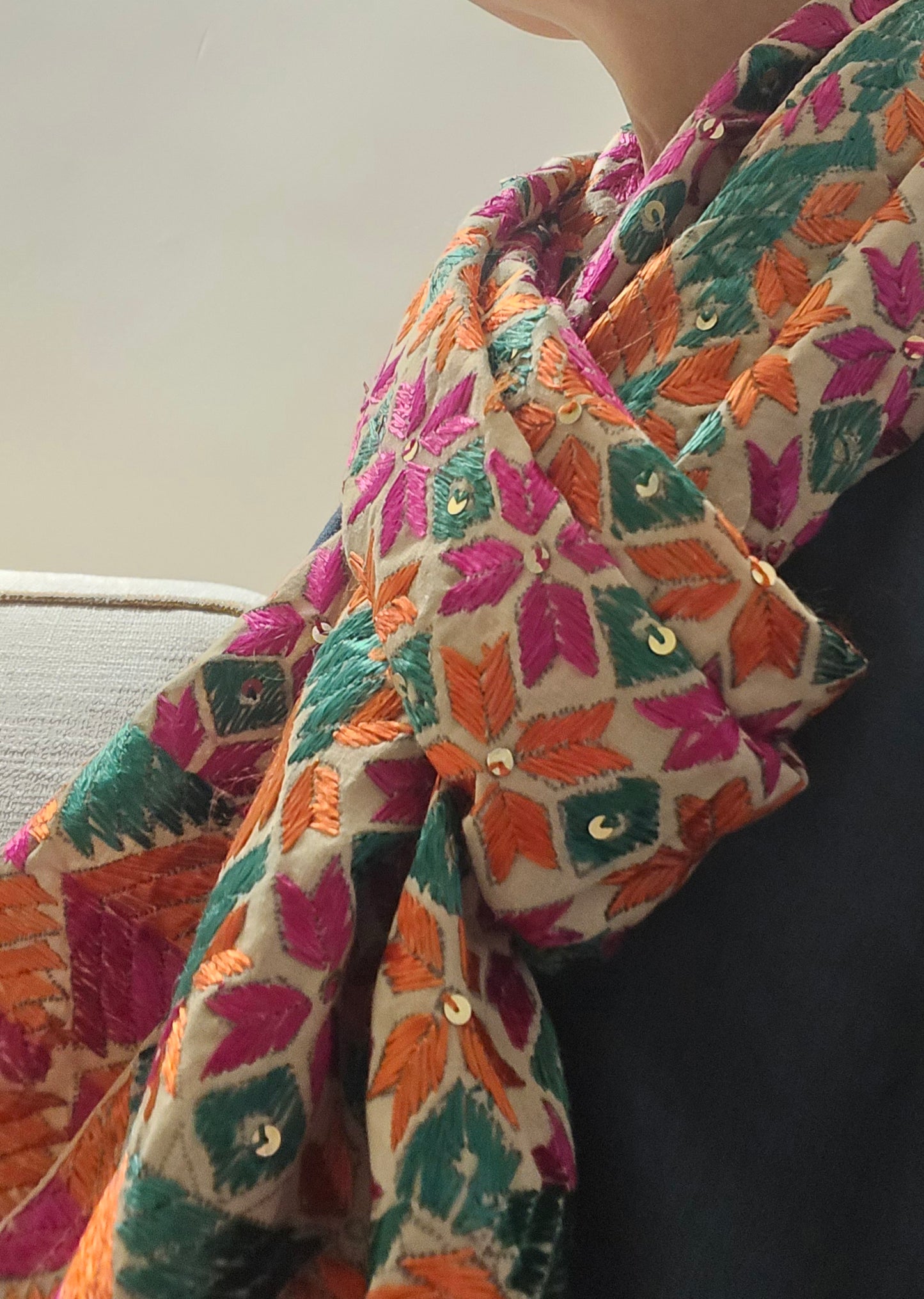 Handmade elegant Phulakari stole beige and multicolour with golden border from Punjab Phulkari thread work