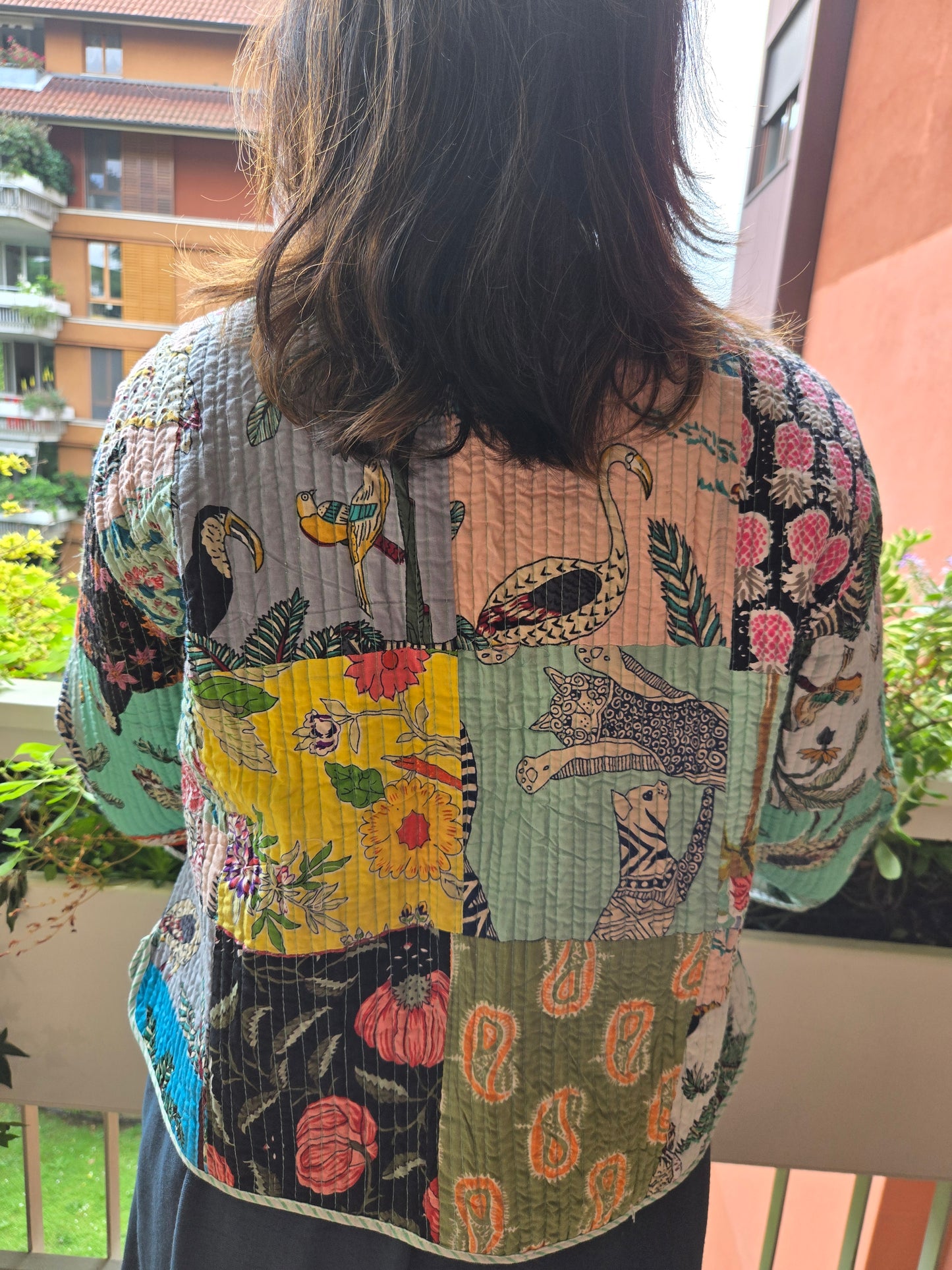 Indian Handmade Kantha Reversible Short Length All Season Bohemian Jacket summer colour of light green and pink
