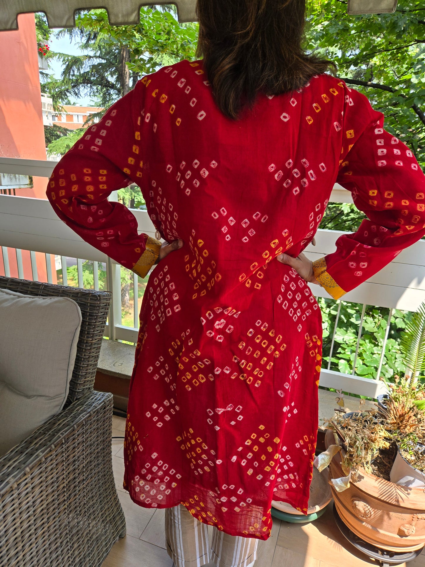 Red Cotton bandhej and patchwork Shrug with hand Embroidery, Long Embroidered fusion wear for Women