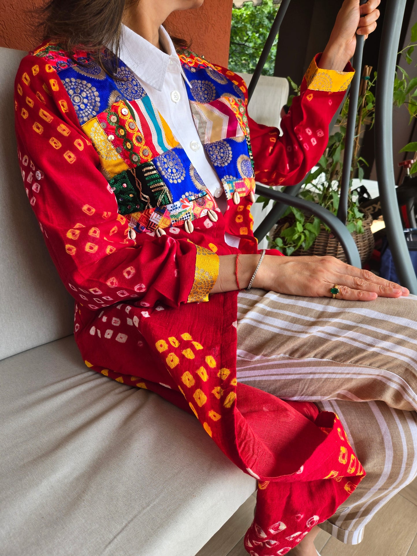 Red Cotton bandhej and patchwork Shrug with hand Embroidery, Long Embroidered fusion wear for Women
