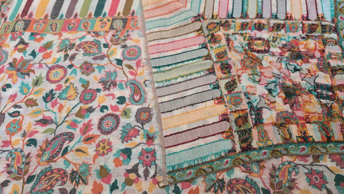 Handmade Kanni Weave Pashmina Shawl: Wool floral Scarf/ Shawl