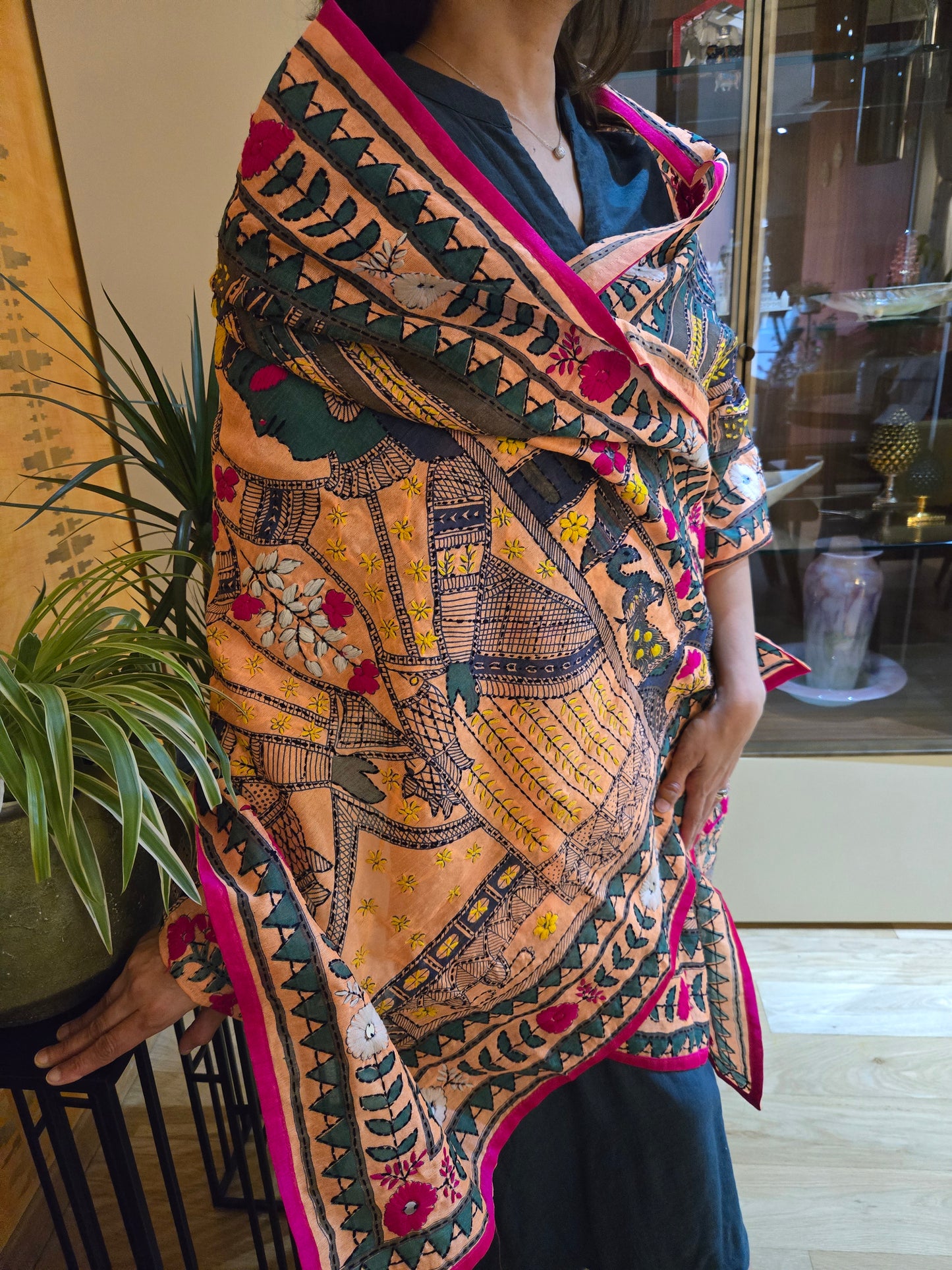 Handmade kantha dupatta shawl soft cotton hand embroidered figure and floral work shawl/ foulard/scarf /stole for spring summer collection