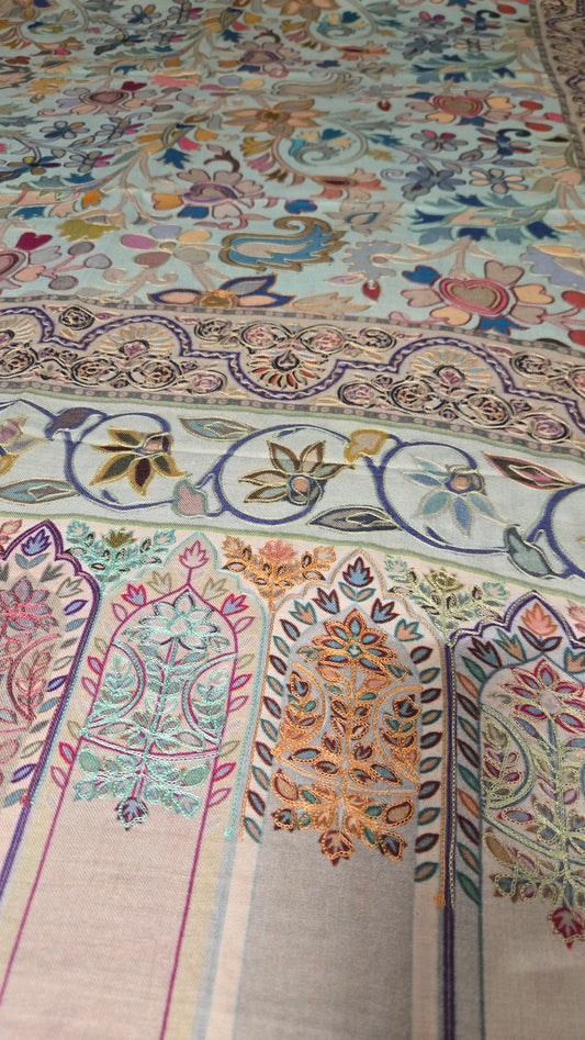 Digital Embroidered Painted Pashmina-Style Scarf in Light Grey | Multicolour Floral Wool Shawl