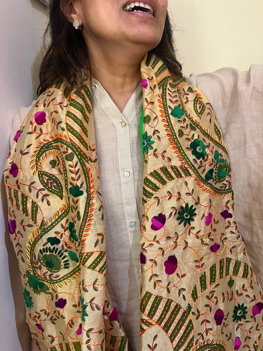 The Bengali Heirloom: Hand-Crafted Kantha Embroidered Tussar Silk Scarf