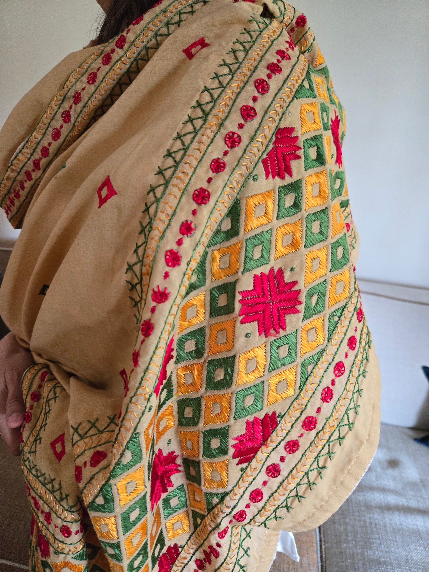 Handmade elegant Phulakari dupatta in beige colour thread work in pure cotton base traditionally made by rural Indian women of Punjab India