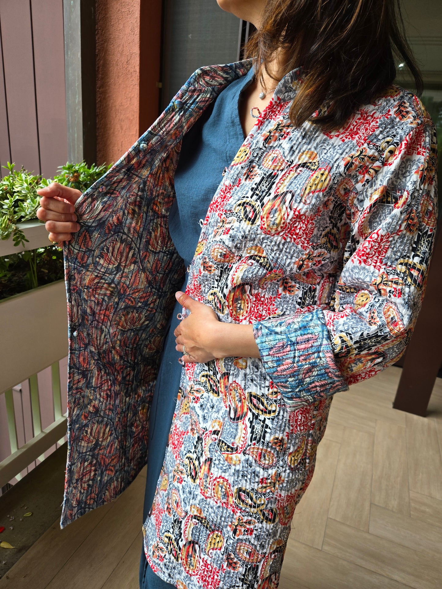 Indian Handmade Kantha Reversible long Length All Season Bohemian Jacket in blue and rainbow colours floral print jacket