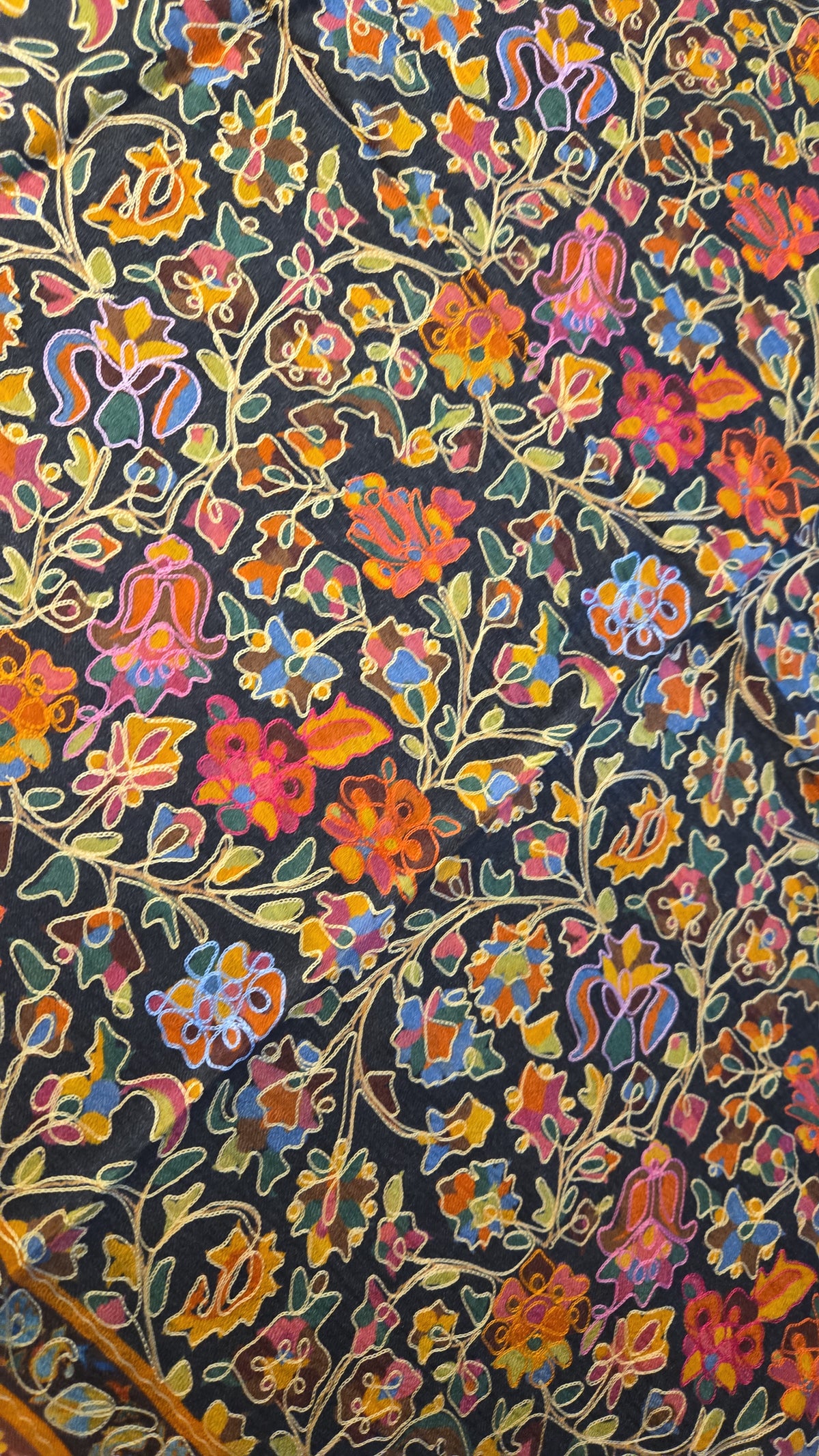 Artisan made embroidered Pashmina wool shawl: digital embroidery with multicoloured flowers
