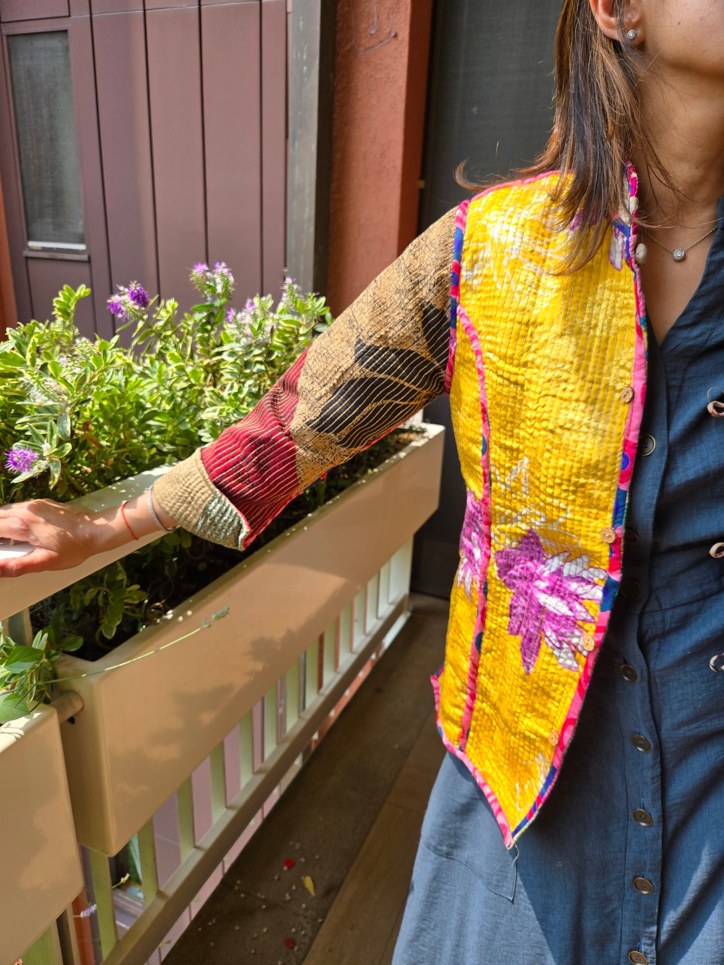 Indian Handmade Kantha Reversible Short Length All Season Bohemian Jacket multicolour suitable in summer