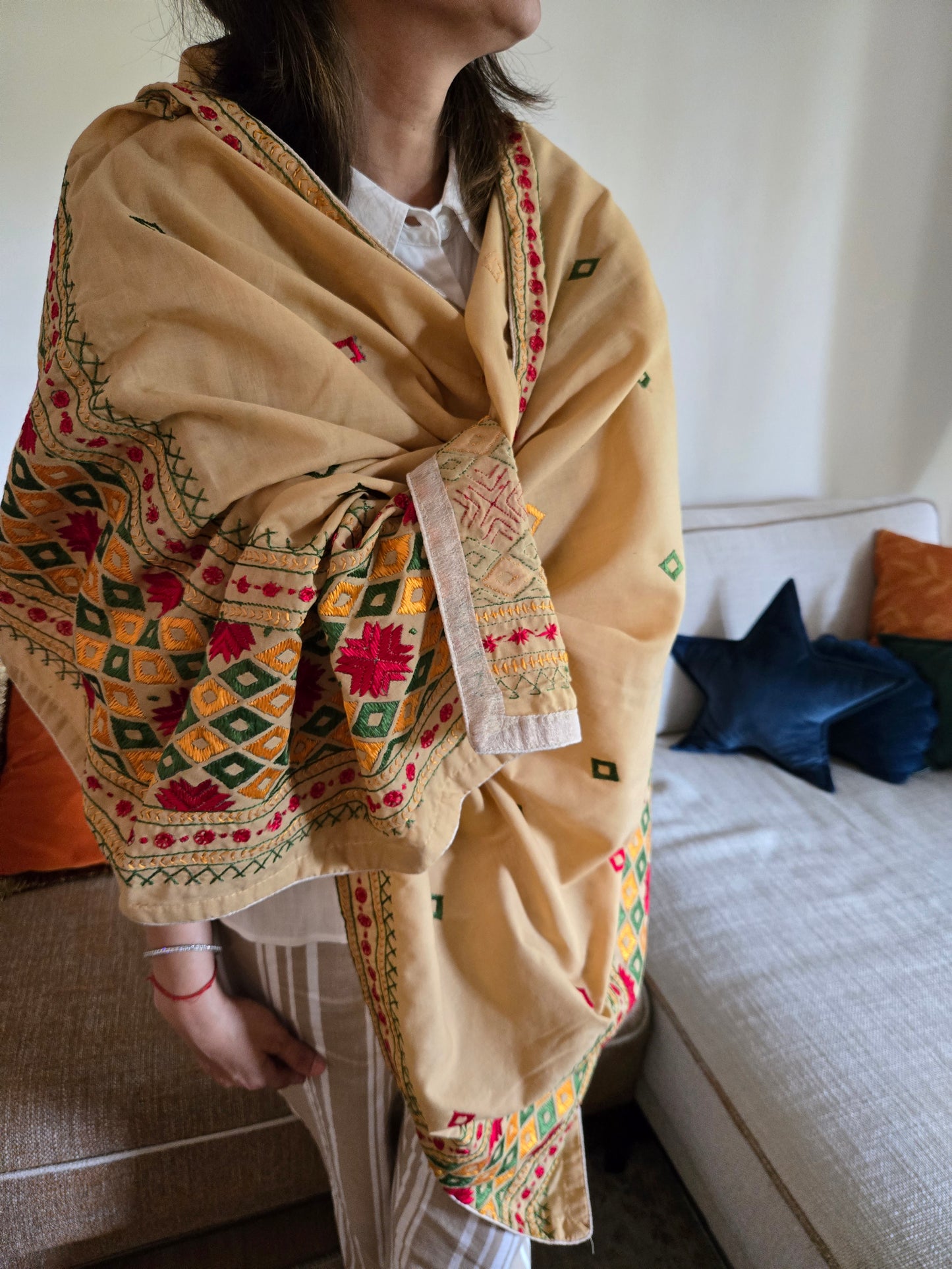 Handmade elegant Phulakari dupatta in beige colour thread work in pure cotton base traditionally made by rural Indian women of Punjab India