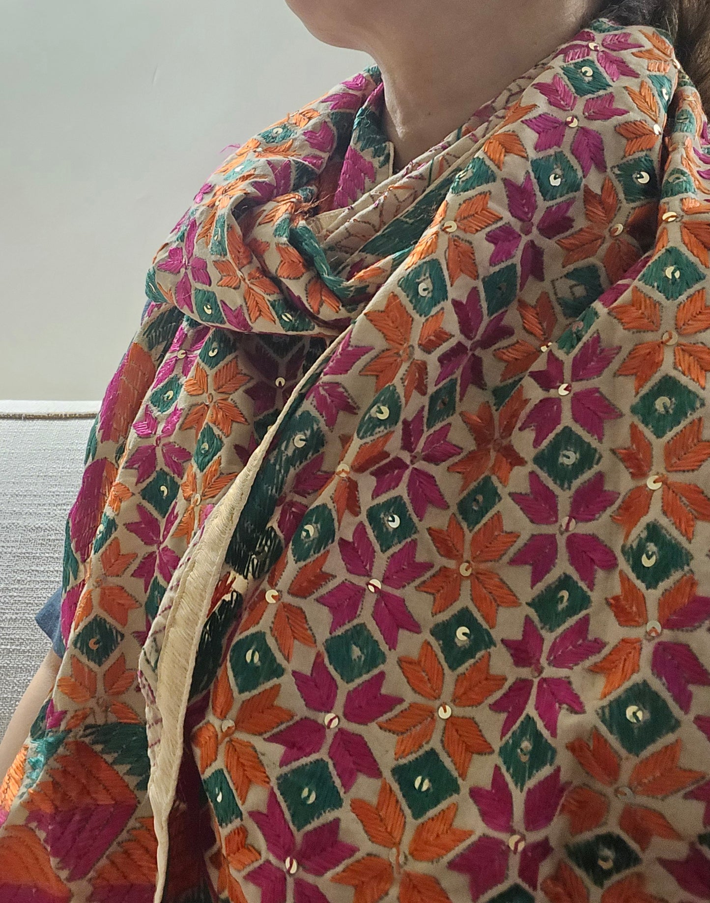 Handmade elegant Phulakari stole beige and multicolour with golden border from Punjab Phulkari thread work
