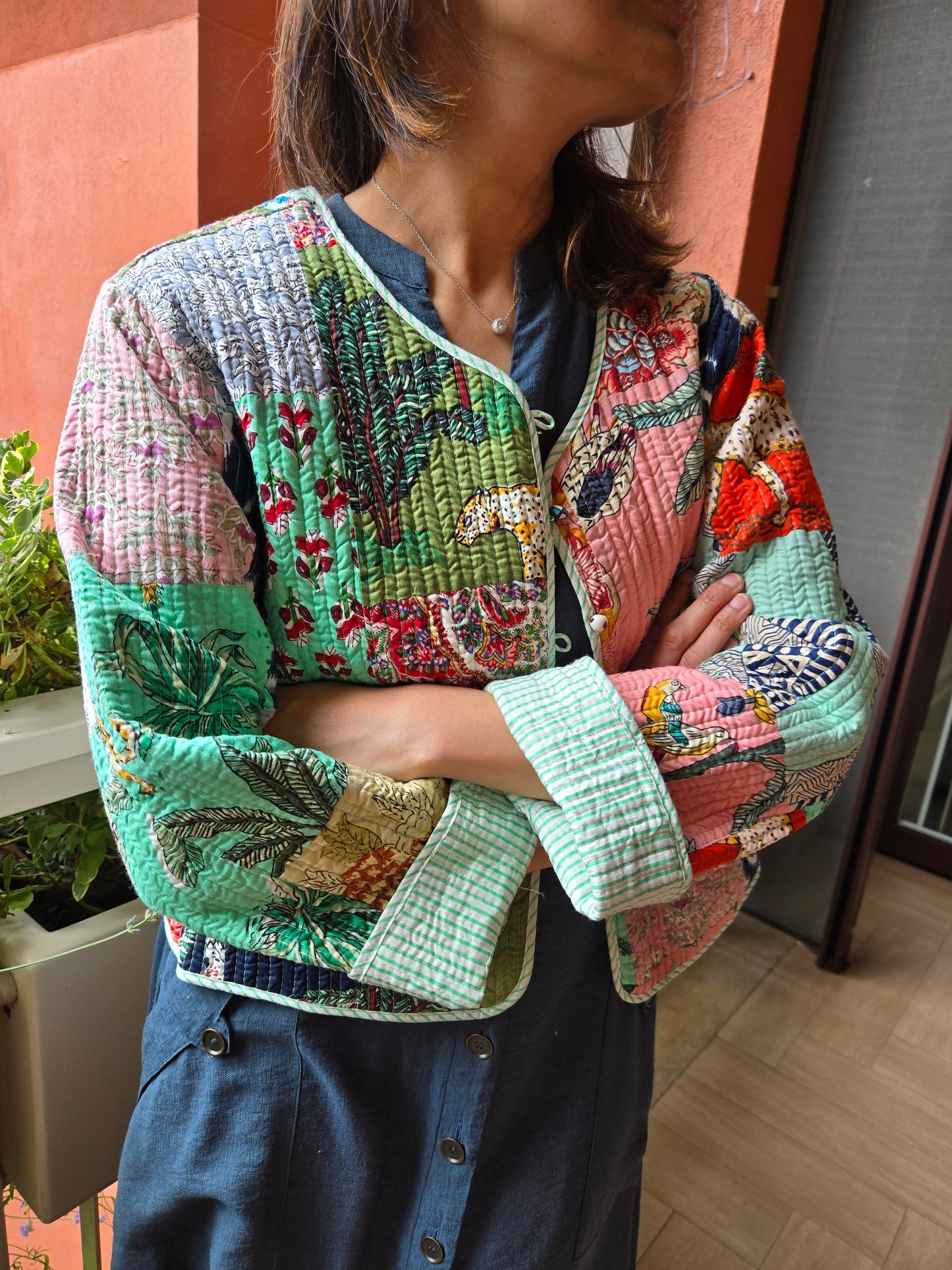 Indian Handmade Kantha Reversible Short Length All Season Bohemian Jacket summer colour of light green and pink