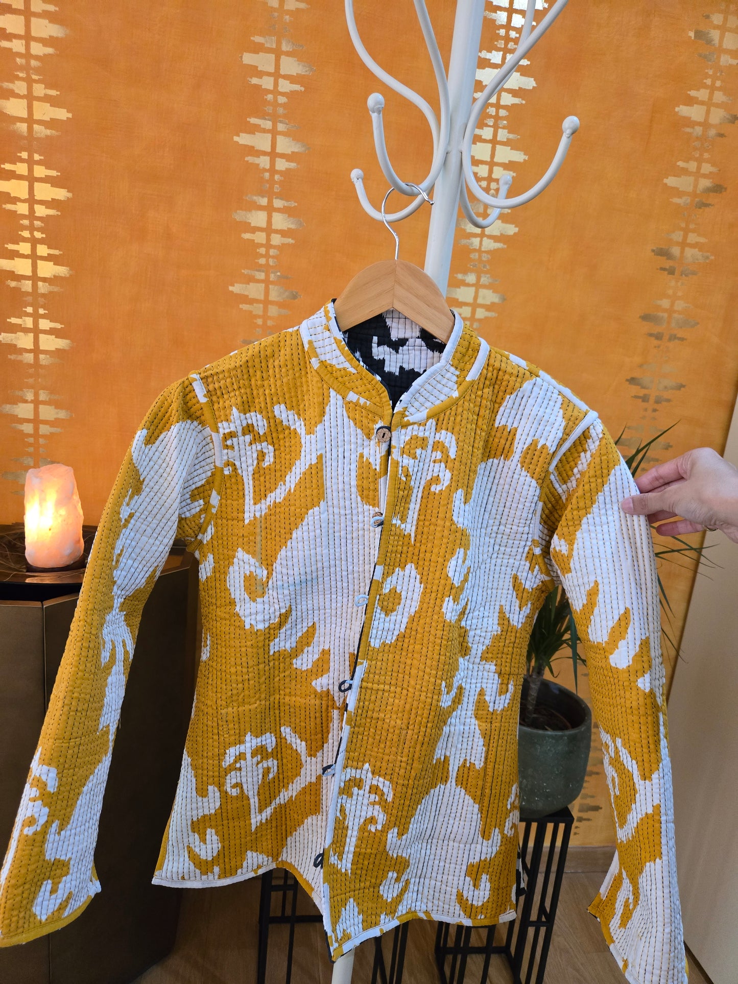 Indian Handmade Kantha Reversible Short Length All Season Bohemian Jacket Ikkat print black/ mustard
