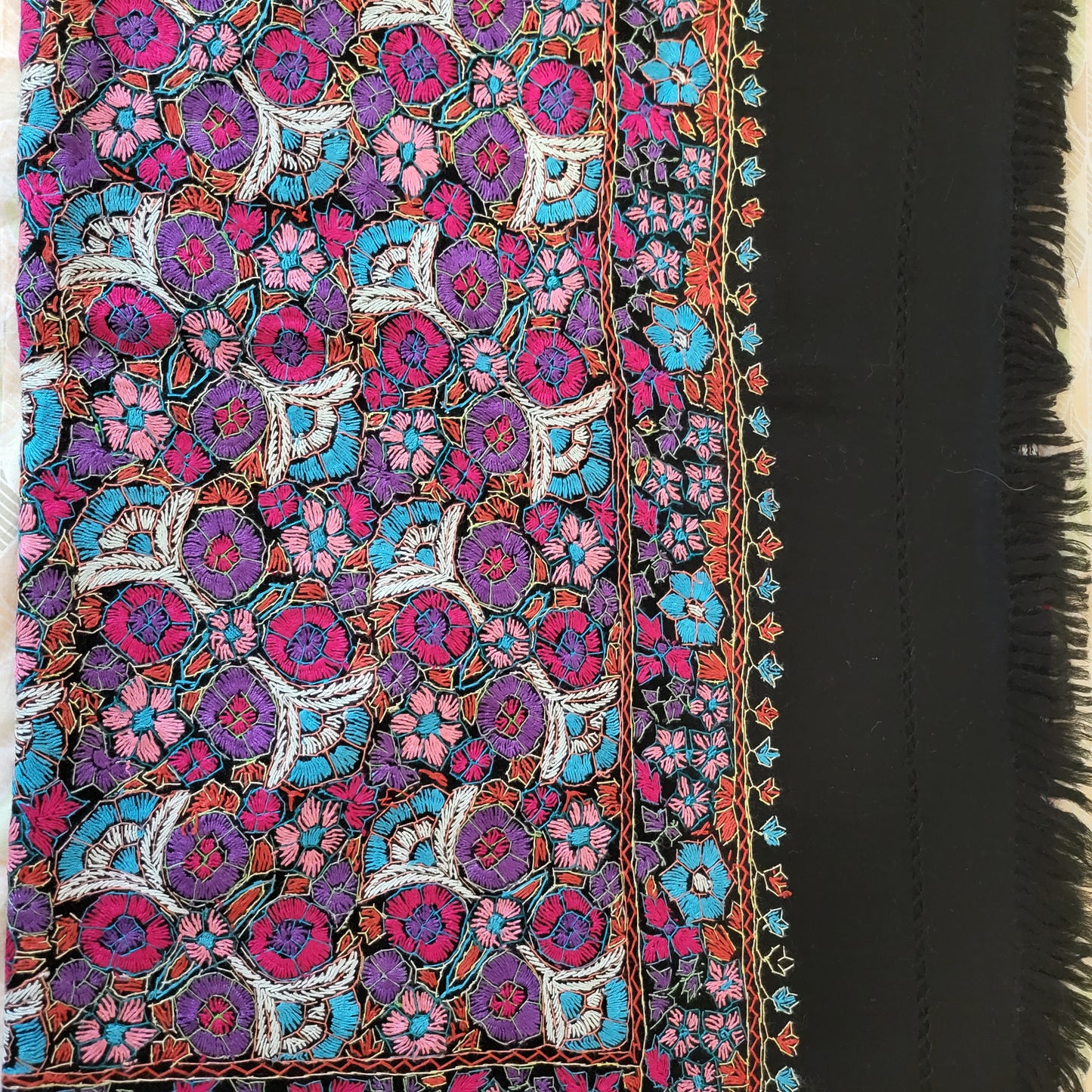 Elegant Hand embroidered artisan made warm Sozni / Sozan kaari black shawl/scarf with multicolour Embroidery