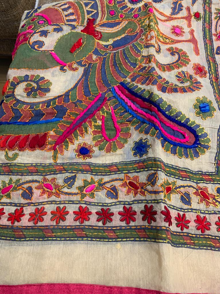 Handmade women Silk cotton kantha shawl/ dupatta peacock & floral design hand painted hand embroidered