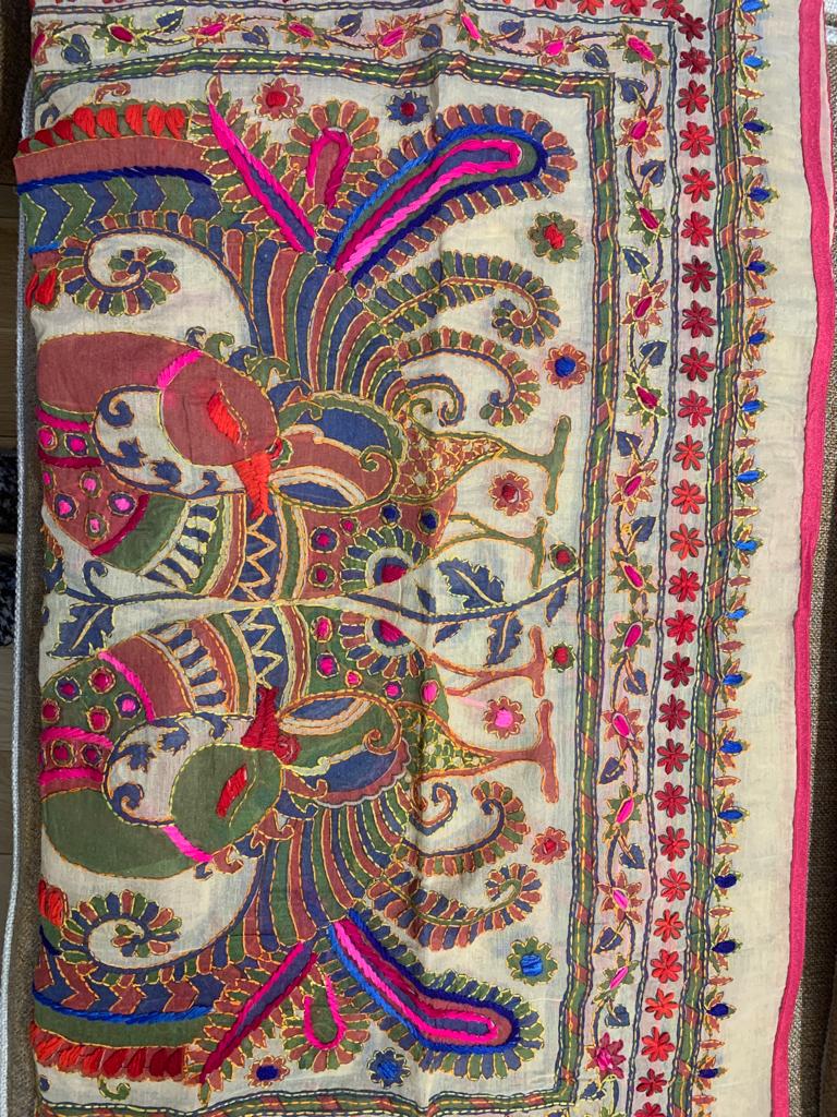 Handmade women Silk cotton kantha shawl/ dupatta peacock & floral design hand painted hand embroidered