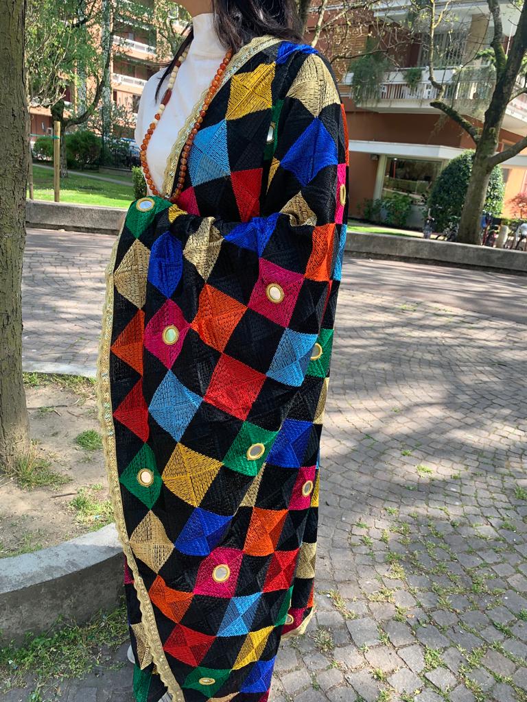 Traditionally made elegant multicolour geometric phulkari stole/dupatta with mirror and thread work