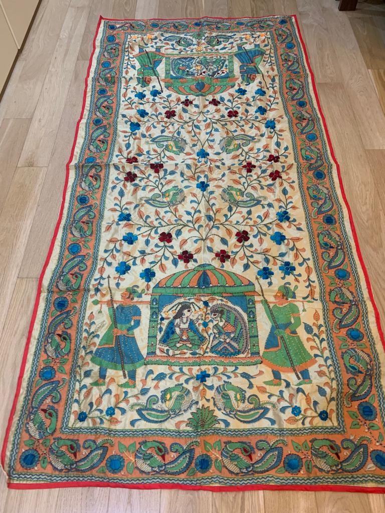 Hand Embroidered Tussar Silk Kantha Scarf/dupatta very elegant reddish orange with figure and floral design