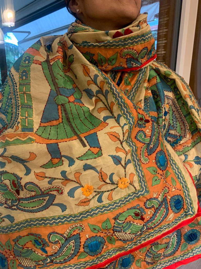 Hand Embroidered Tussar Silk Kantha Scarf/dupatta very elegant reddish orange with figure and floral design