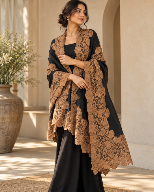 Handwoven Pashmina Stole with Lace Border | Black & Brown